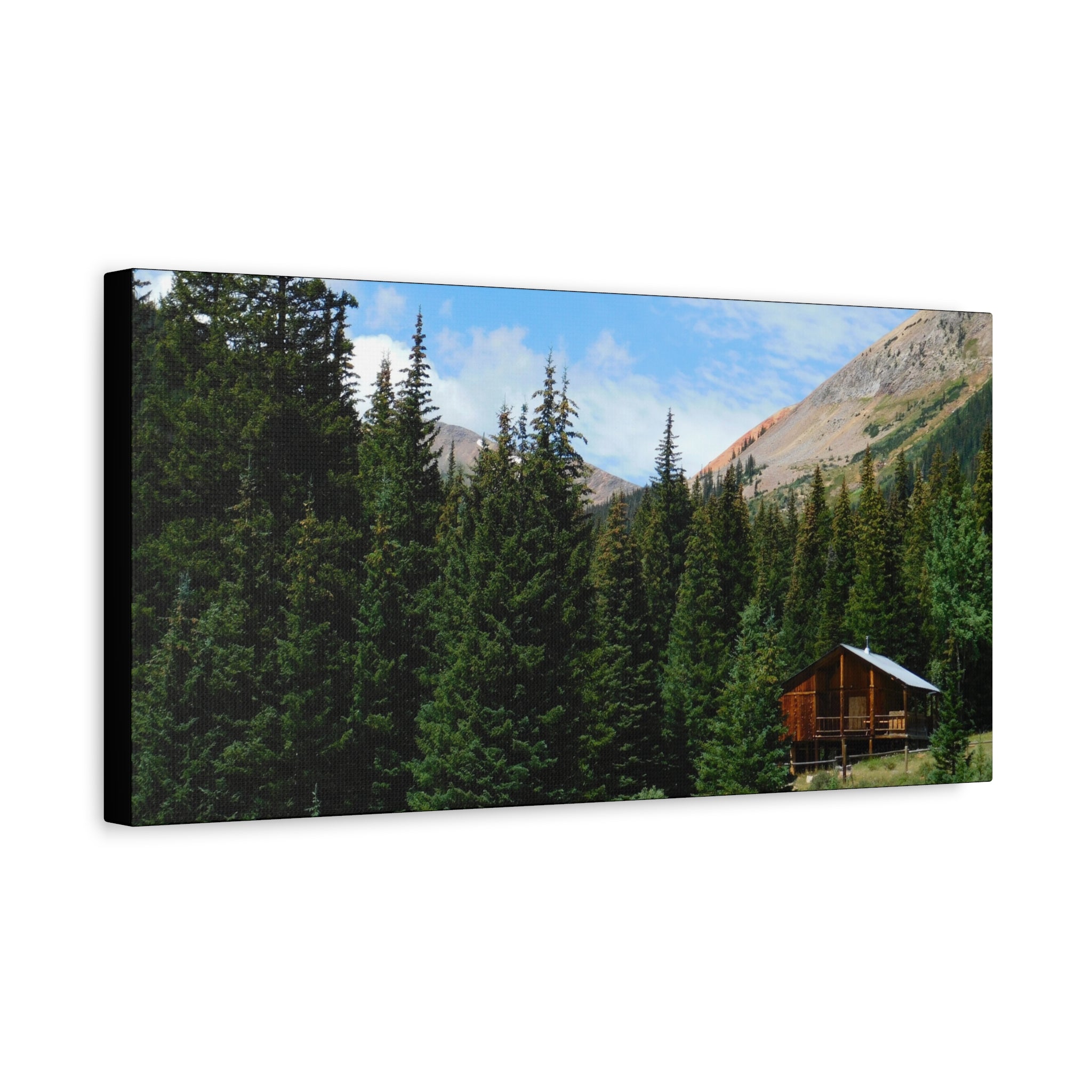 Mountain Cabin Canvas Wall Art — Rustic Forest Lodge Landscape Print