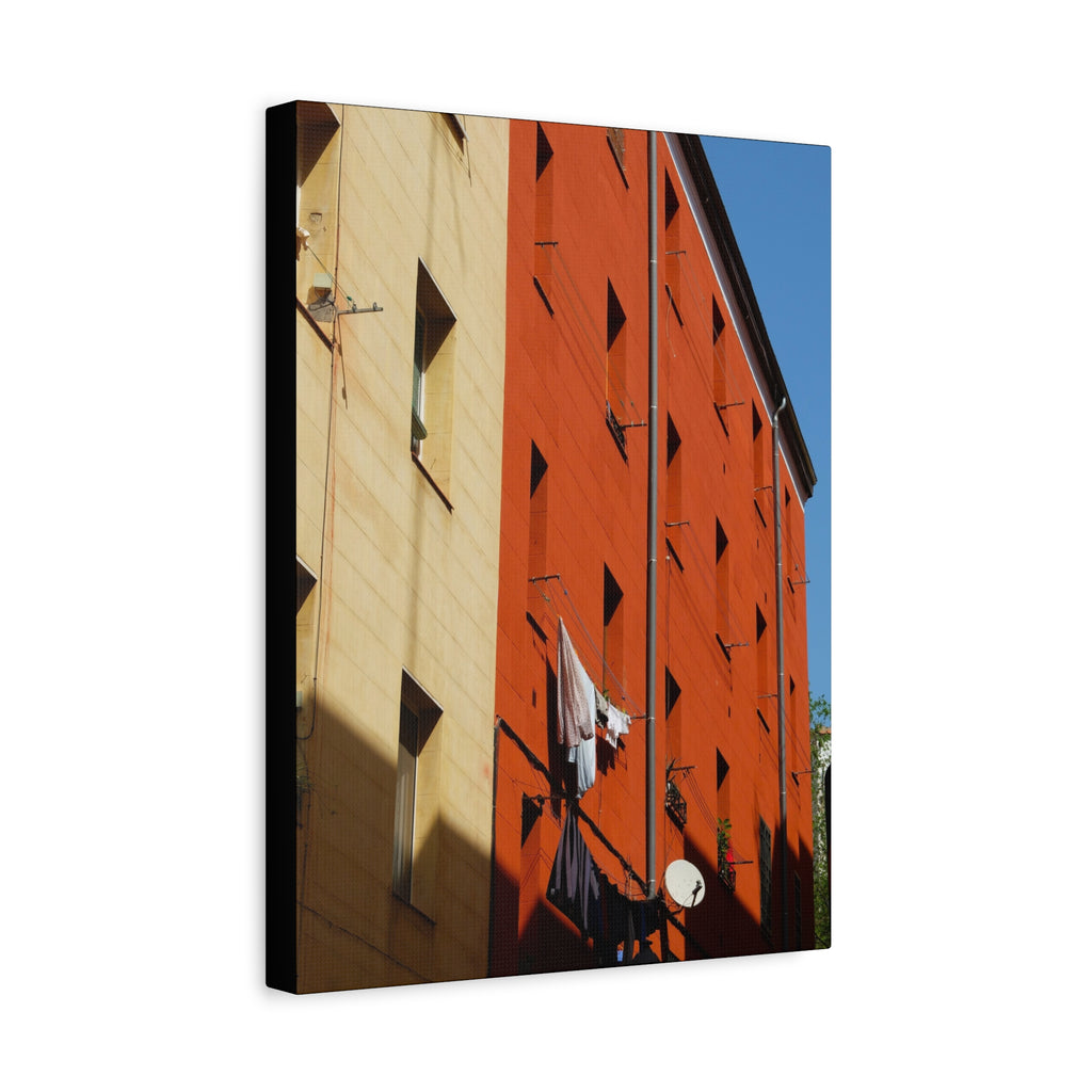 Spanish Facade Canvas Print — Colorful Apartment Building Wall Art on Matte Stretched Canvas