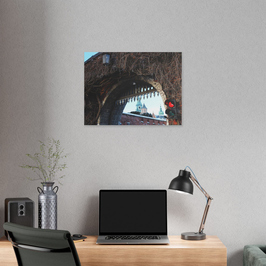 Historic City Arch Canvas Print — European Winter Street Scene Wall Art