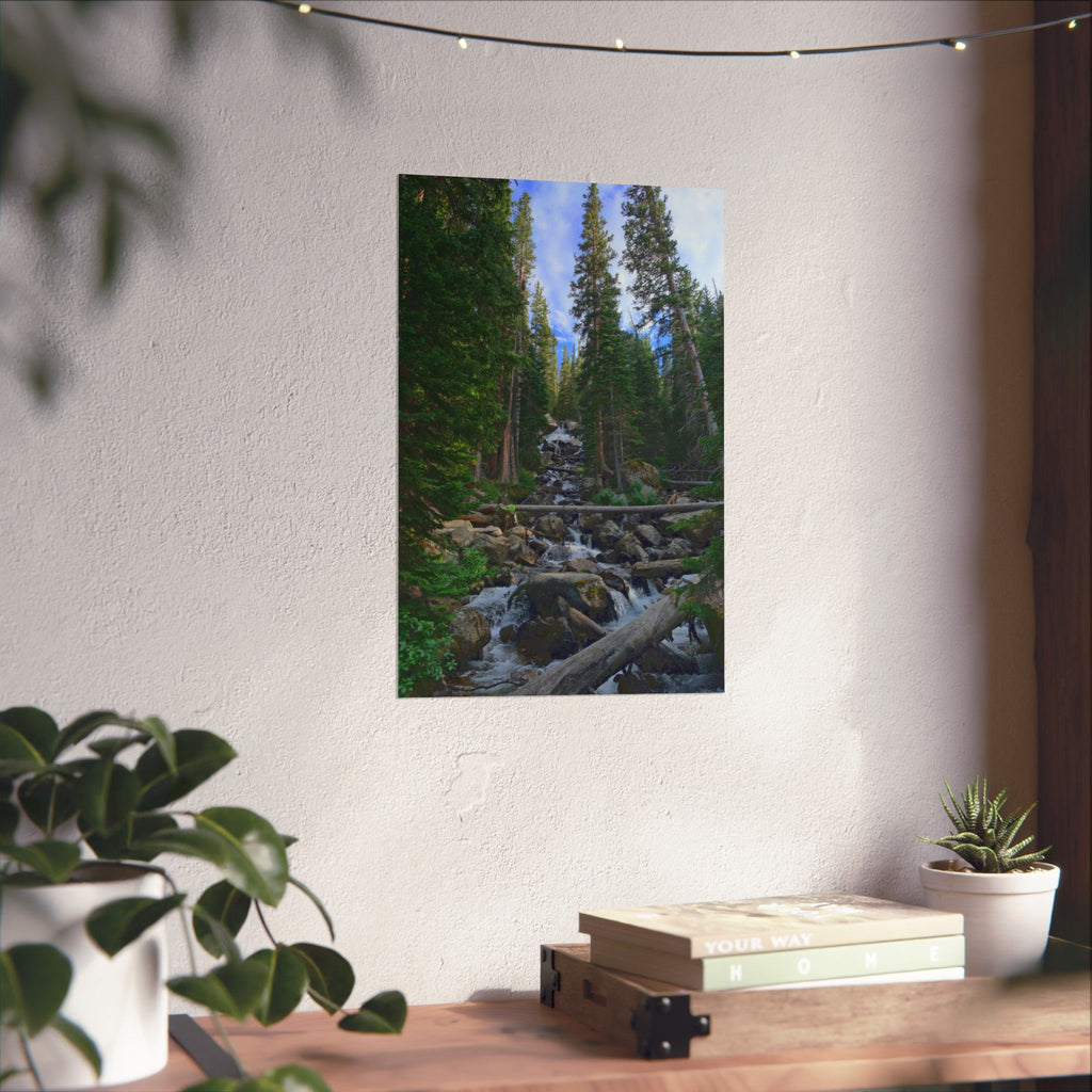Mountain Stream Forest Matte Poster — Vertical Nature Wall Art