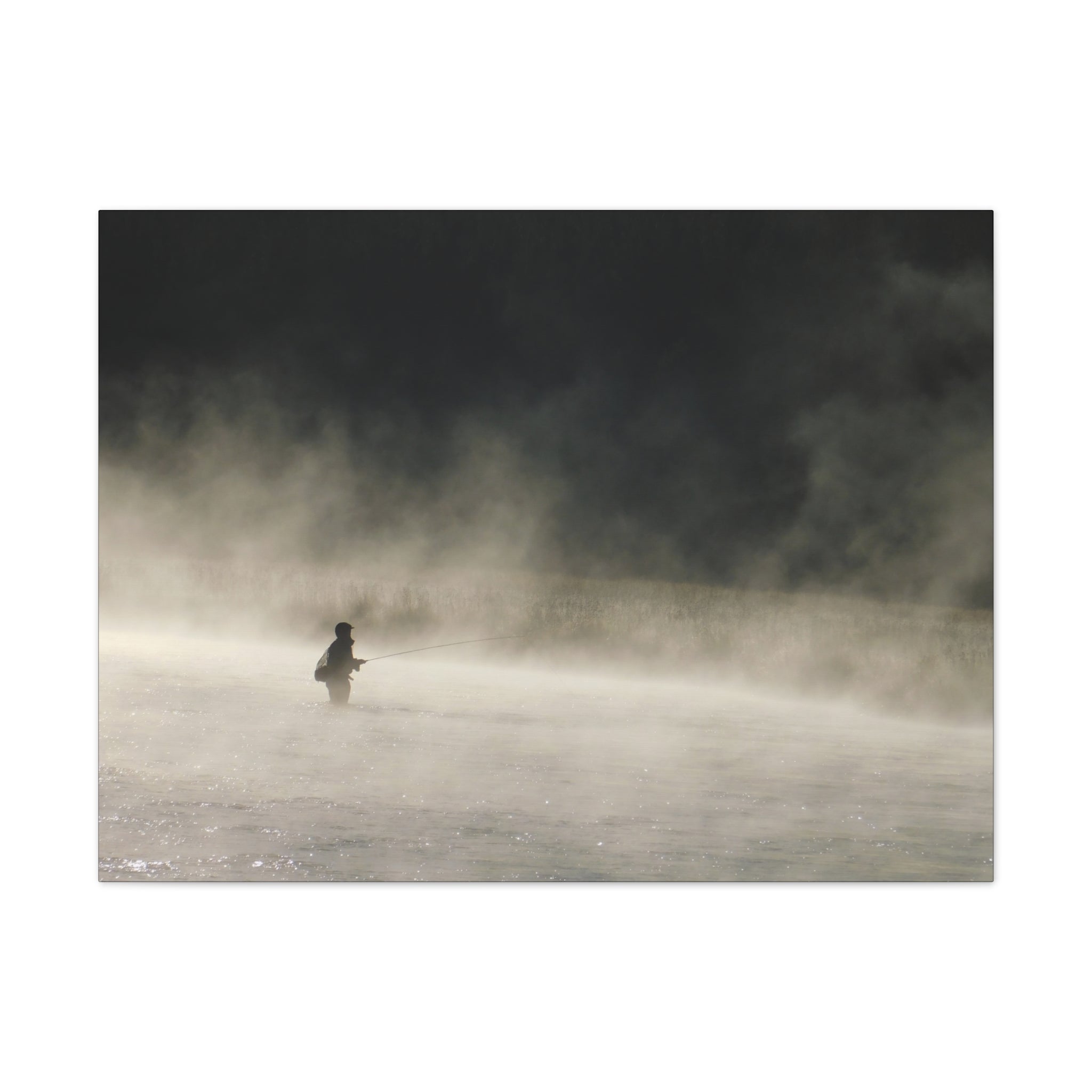 Misty Solitude Canvas Print — Lone Fisherman Foggy Lake Wall Art