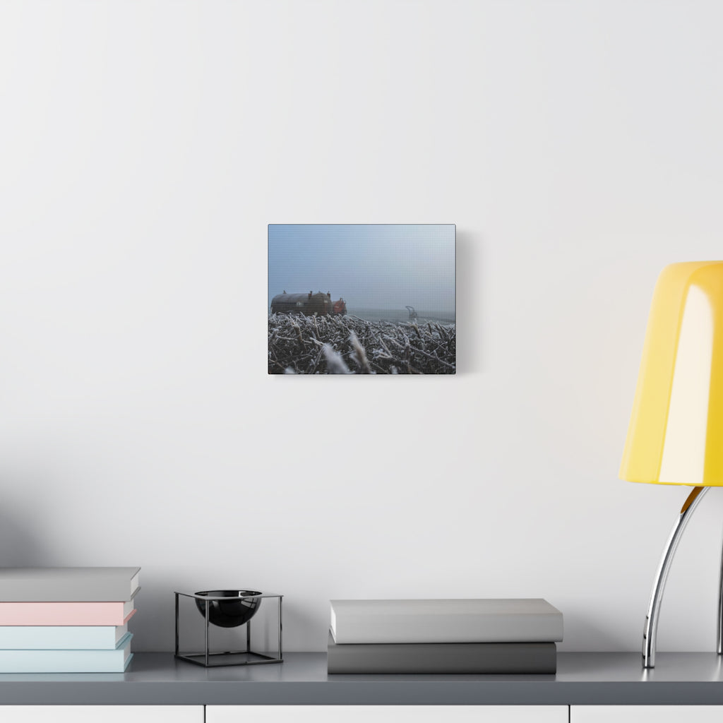 Irish Frost Farm Canvas Print — Foggy Shoreline with Frosted Driftwood