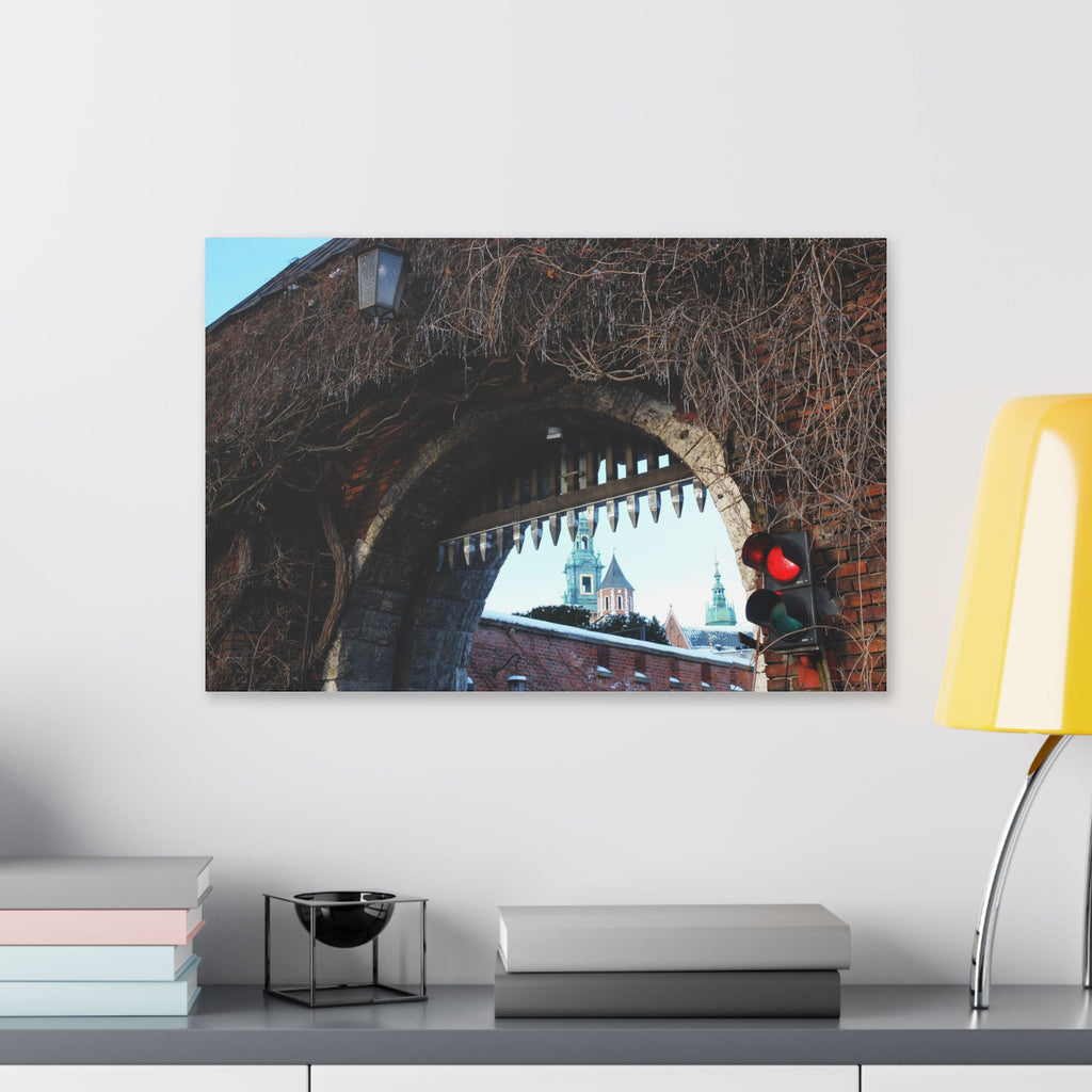 Historic City Arch Canvas Print — European Winter Street Scene Wall Art