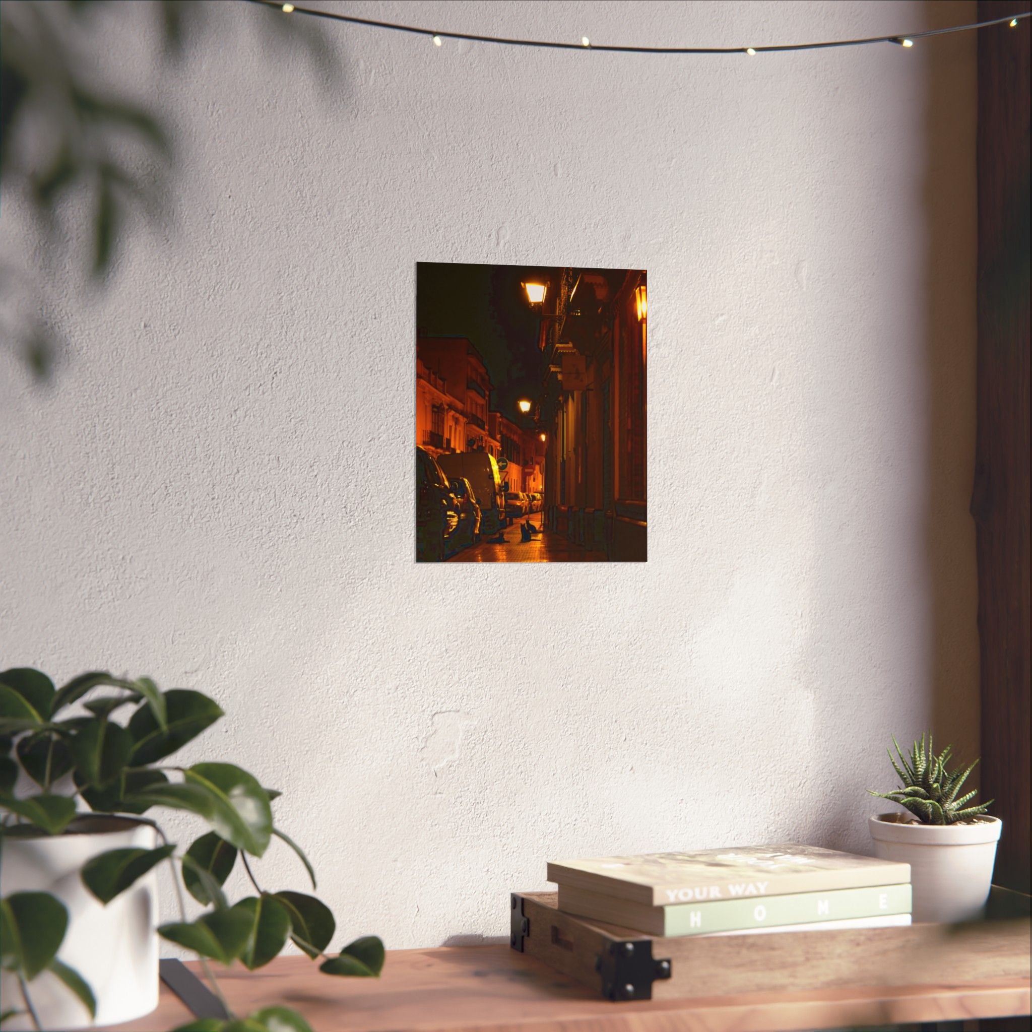 Secret Spanish Cat Committee Vertical Poster — Nighttime European Street with Warm Lamp Glow