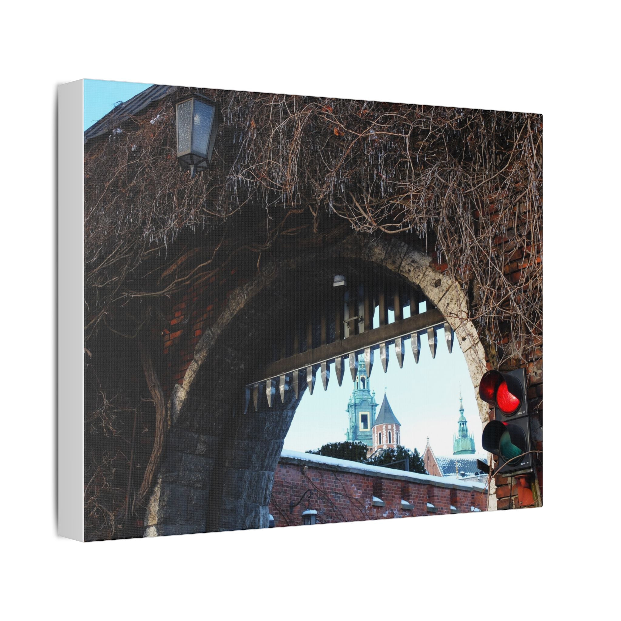 Historic City Arch Canvas Print — European Winter Street Scene Wall Art