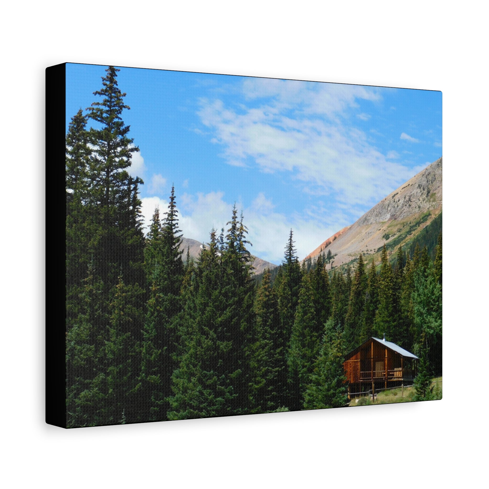 Mountain Cabin Canvas Wall Art — Rustic Forest Lodge Landscape Print