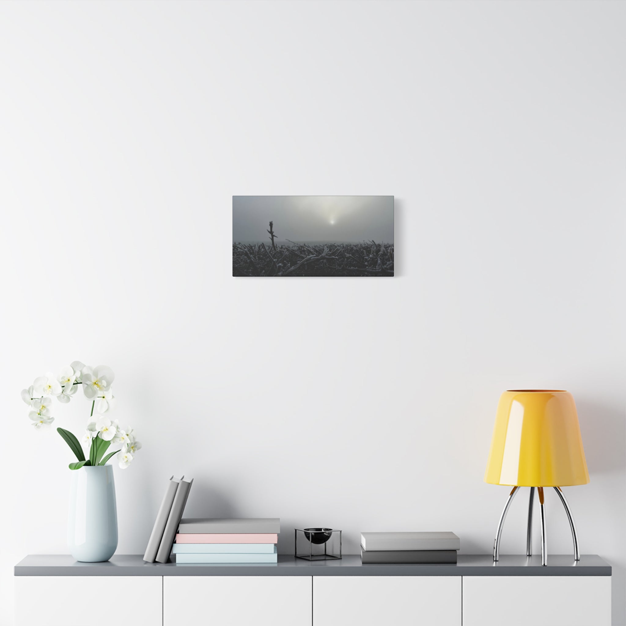 Foggy Sunrise Matte Canvas Wall Art – Moody Winter Landscape