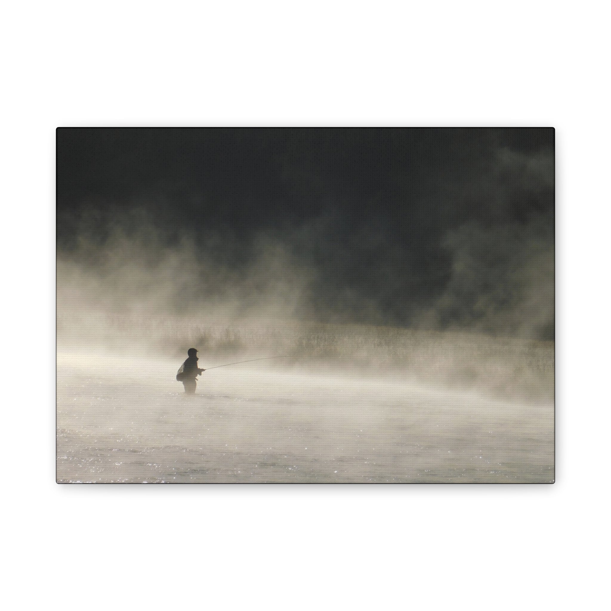 Misty Solitude Canvas Print — Lone Fisherman Foggy Lake Wall Art