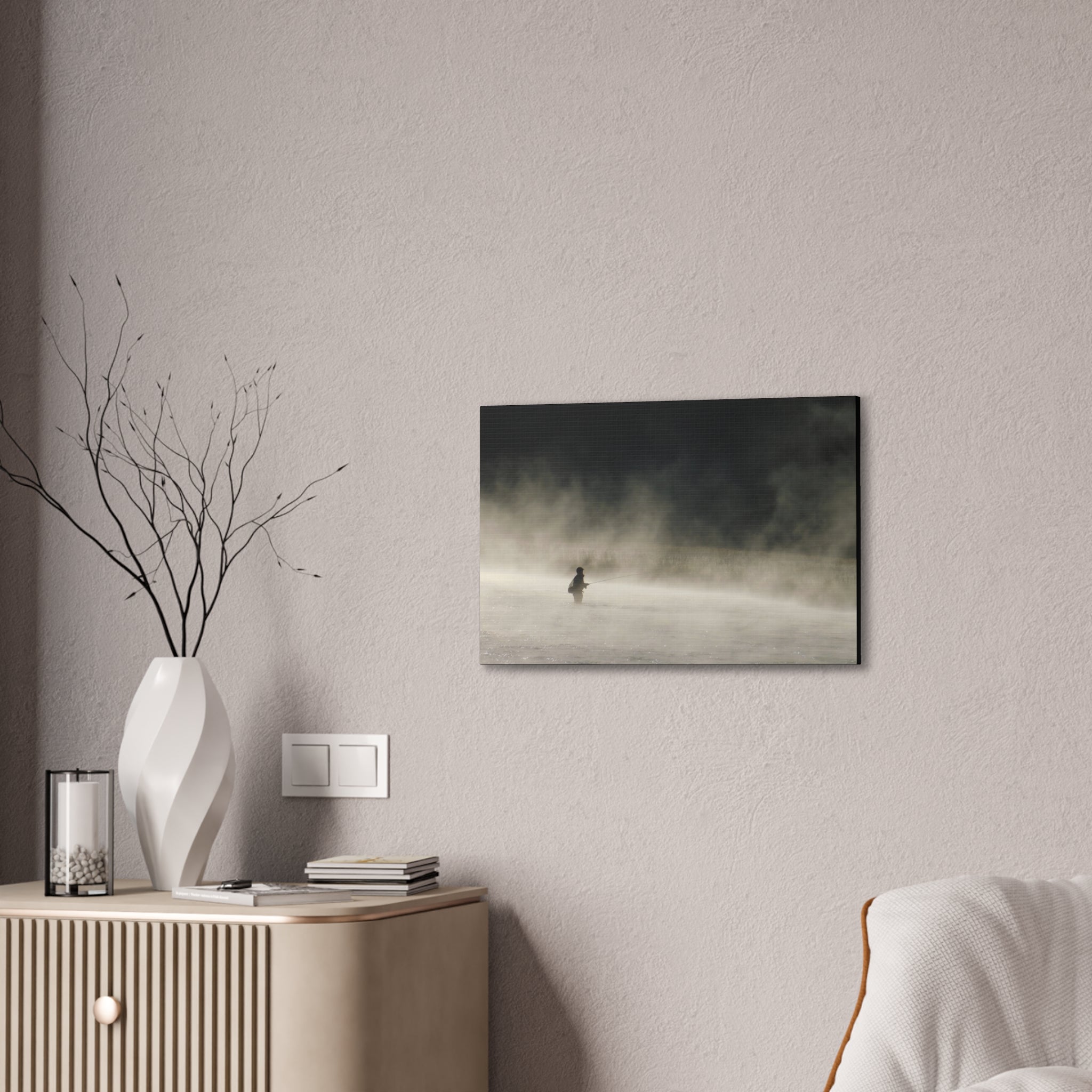 Misty Solitude Canvas Print — Lone Fisherman Foggy Lake Wall Art