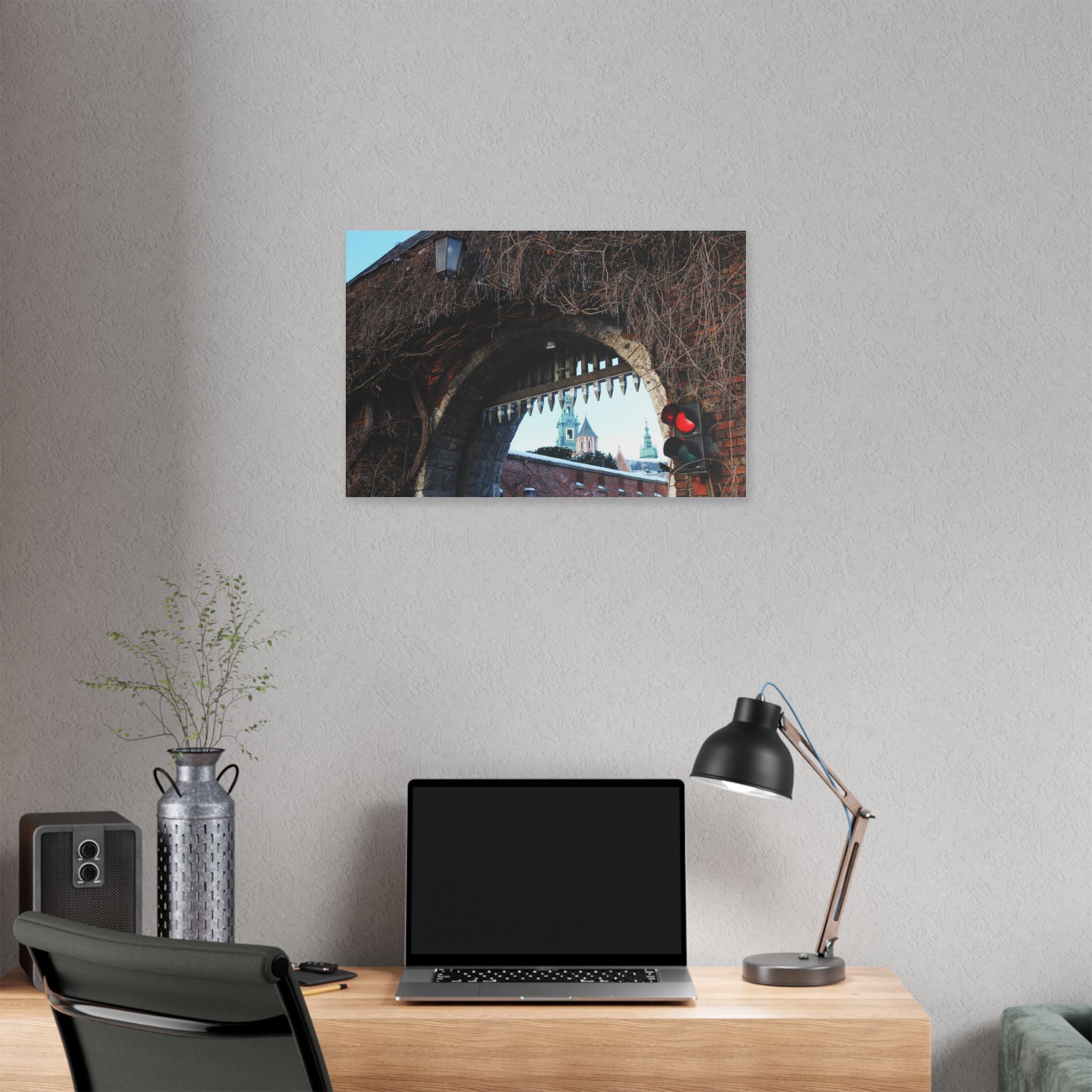 Historic City Arch Canvas Print — European Winter Street Scene Wall Art