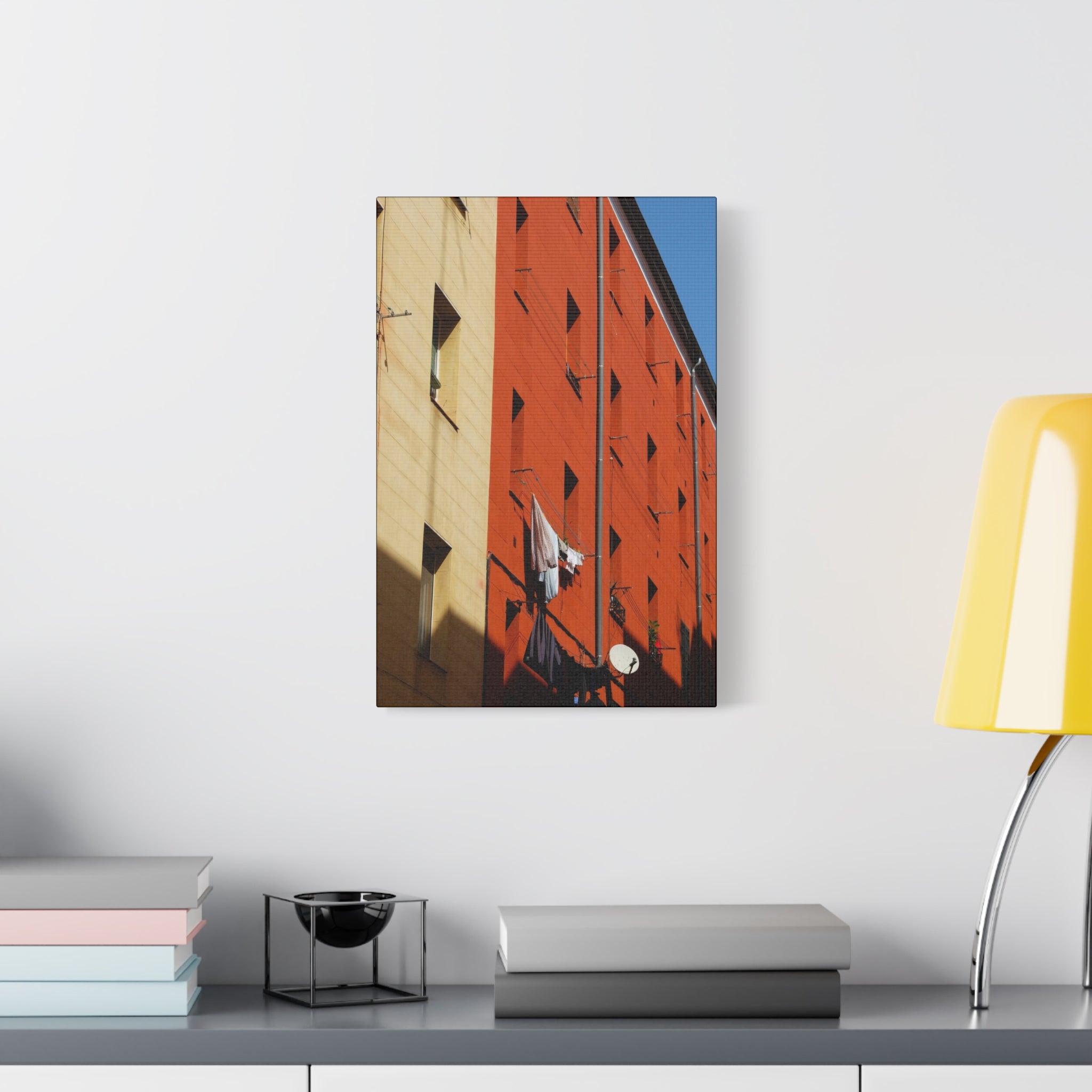 Spanish Facade Canvas Print — Colorful Apartment Building Wall Art on Matte Stretched Canvas
