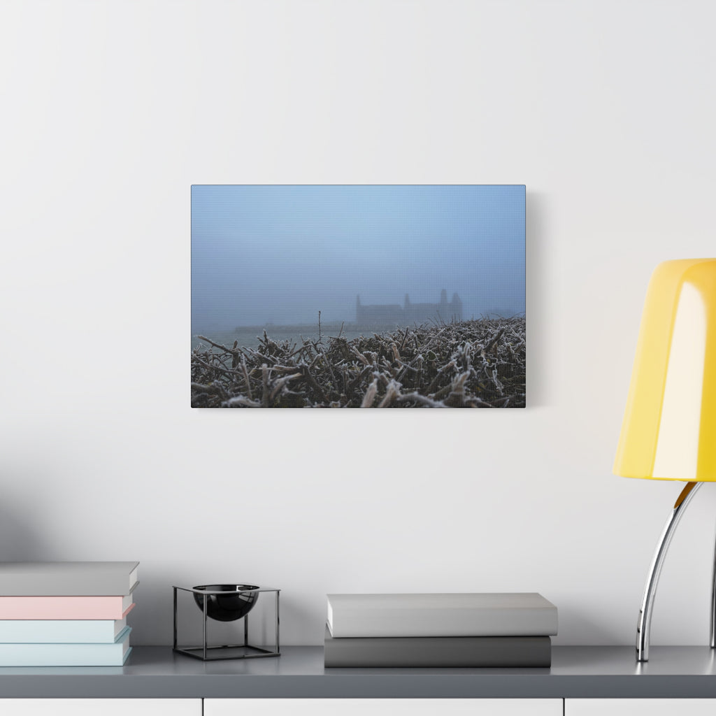 Frosty Morning Ruins Canvas Print — Misty Landscape Matte Stretched Wall Art