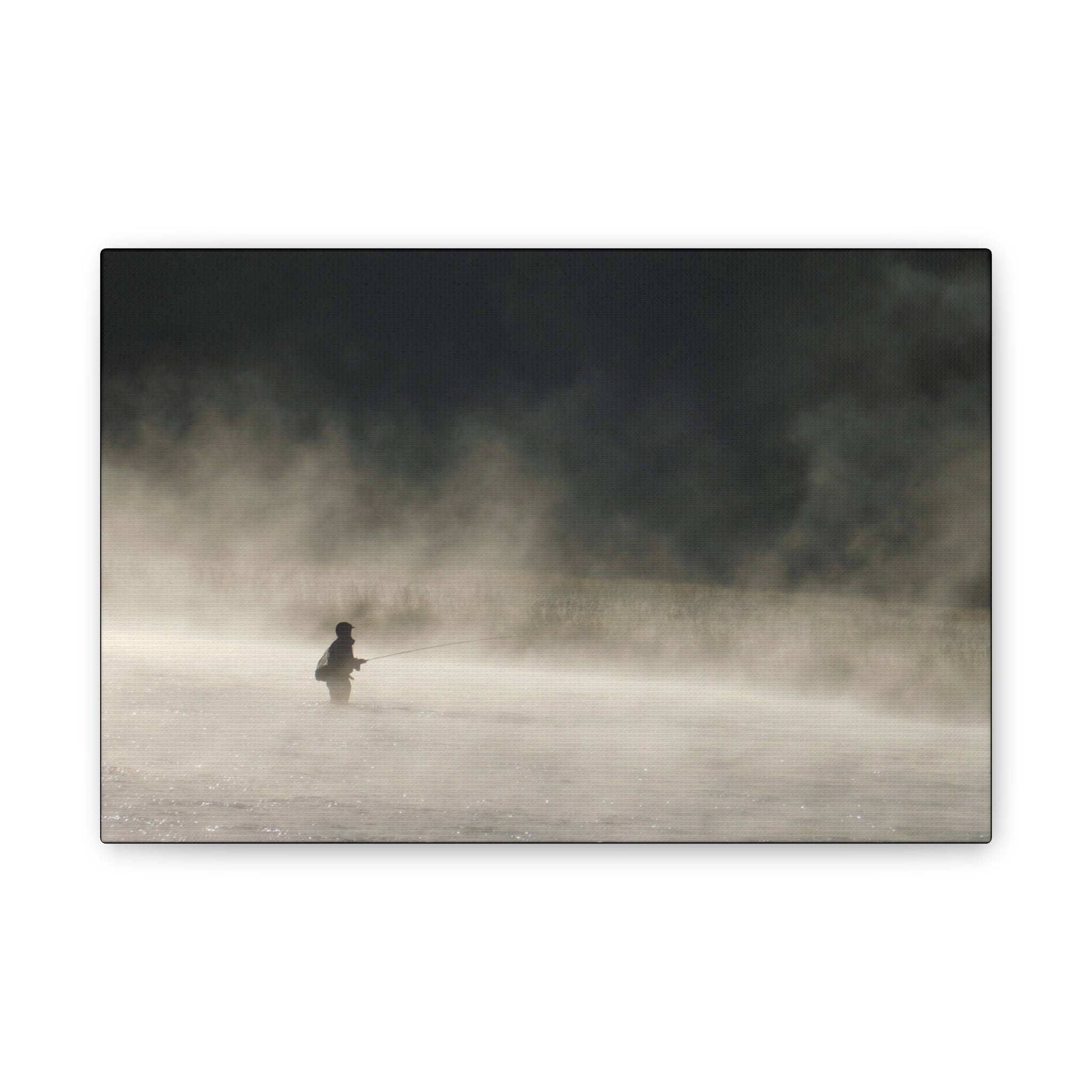 Misty Solitude Canvas Print — Lone Fisherman Foggy Lake Wall Art