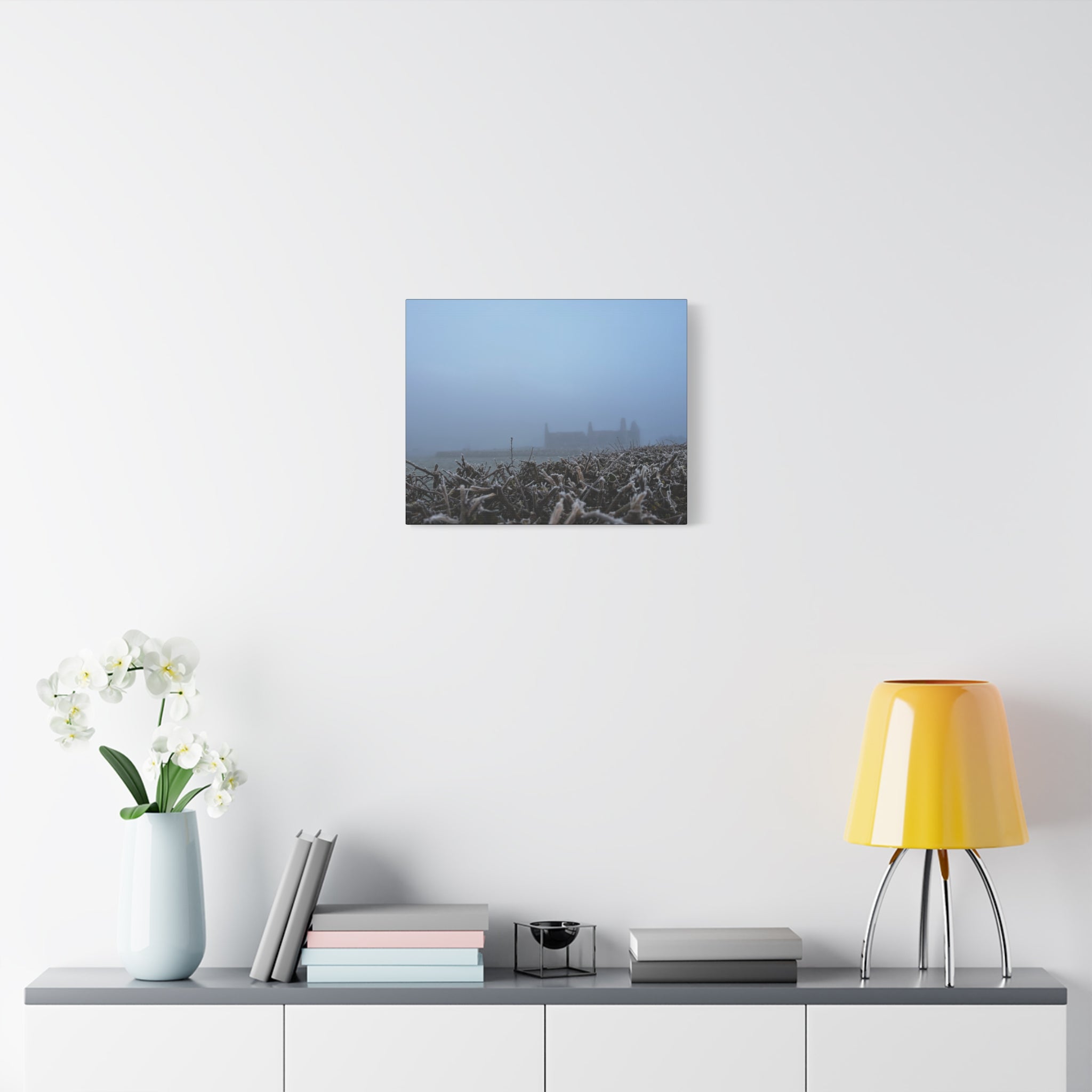 Frosty Morning Ruins Canvas Print — Misty Landscape Matte Stretched Wall Art