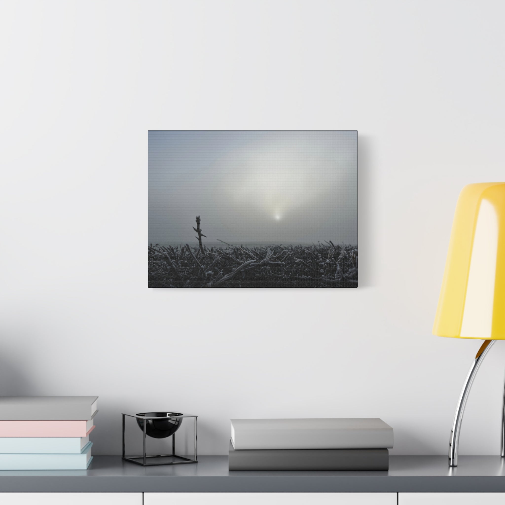 Foggy Sunrise Matte Canvas Wall Art – Moody Winter Landscape