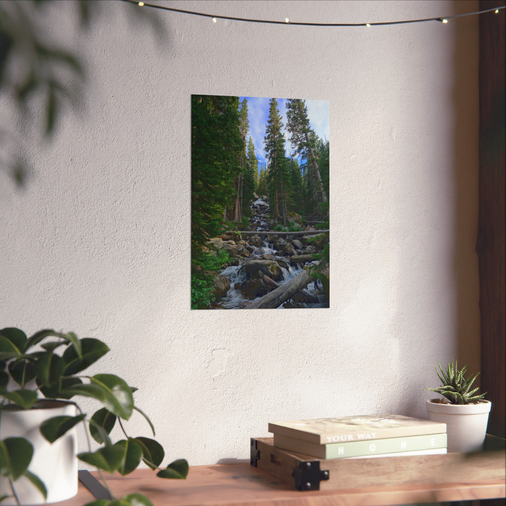Mountain Stream Forest Matte Poster — Vertical Nature Wall Art
