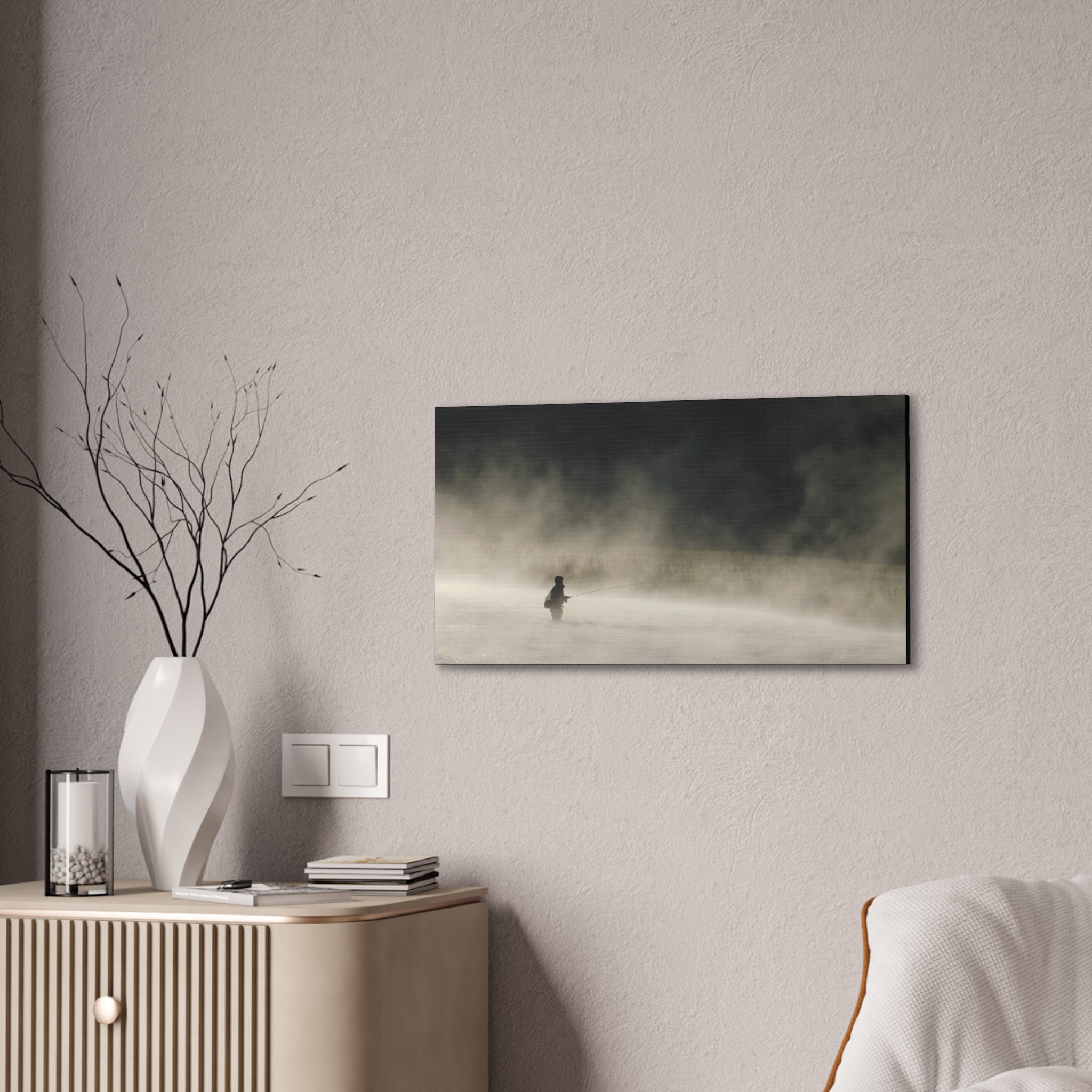 Misty Solitude Canvas Print — Lone Fisherman Foggy Lake Wall Art