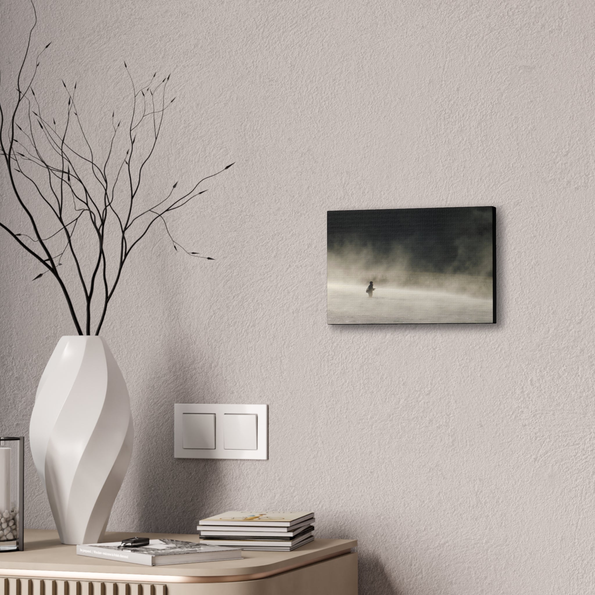 Misty Solitude Canvas Print — Lone Fisherman Foggy Lake Wall Art
