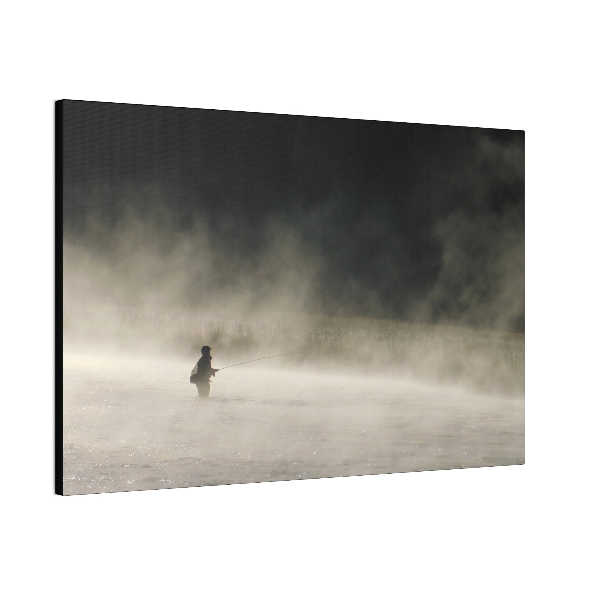 Misty Solitude Canvas Print — Lone Fisherman Foggy Lake Wall Art