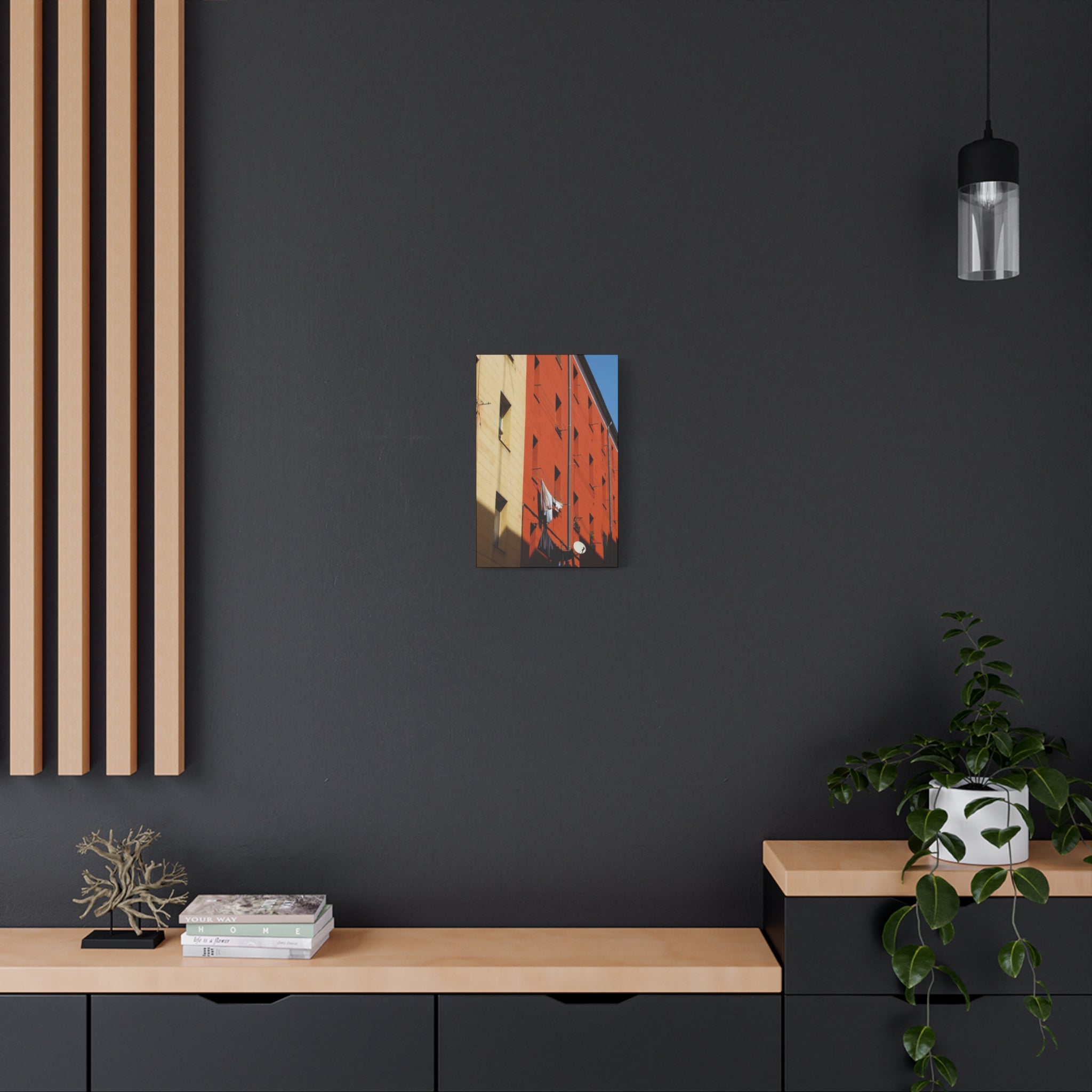 Spanish Facade Canvas Print — Colorful Apartment Building Wall Art on Matte Stretched Canvas