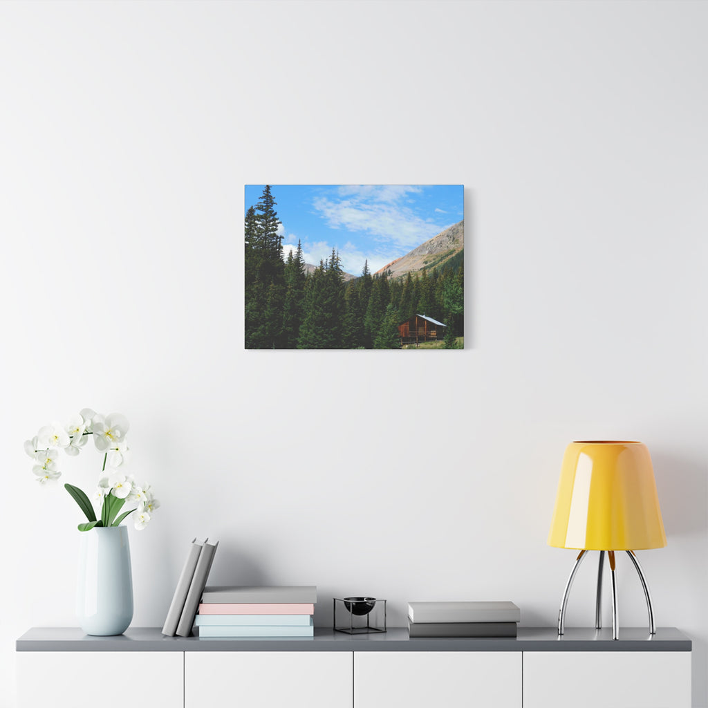 Mountain Cabin Canvas Wall Art — Rustic Forest Lodge Landscape Print