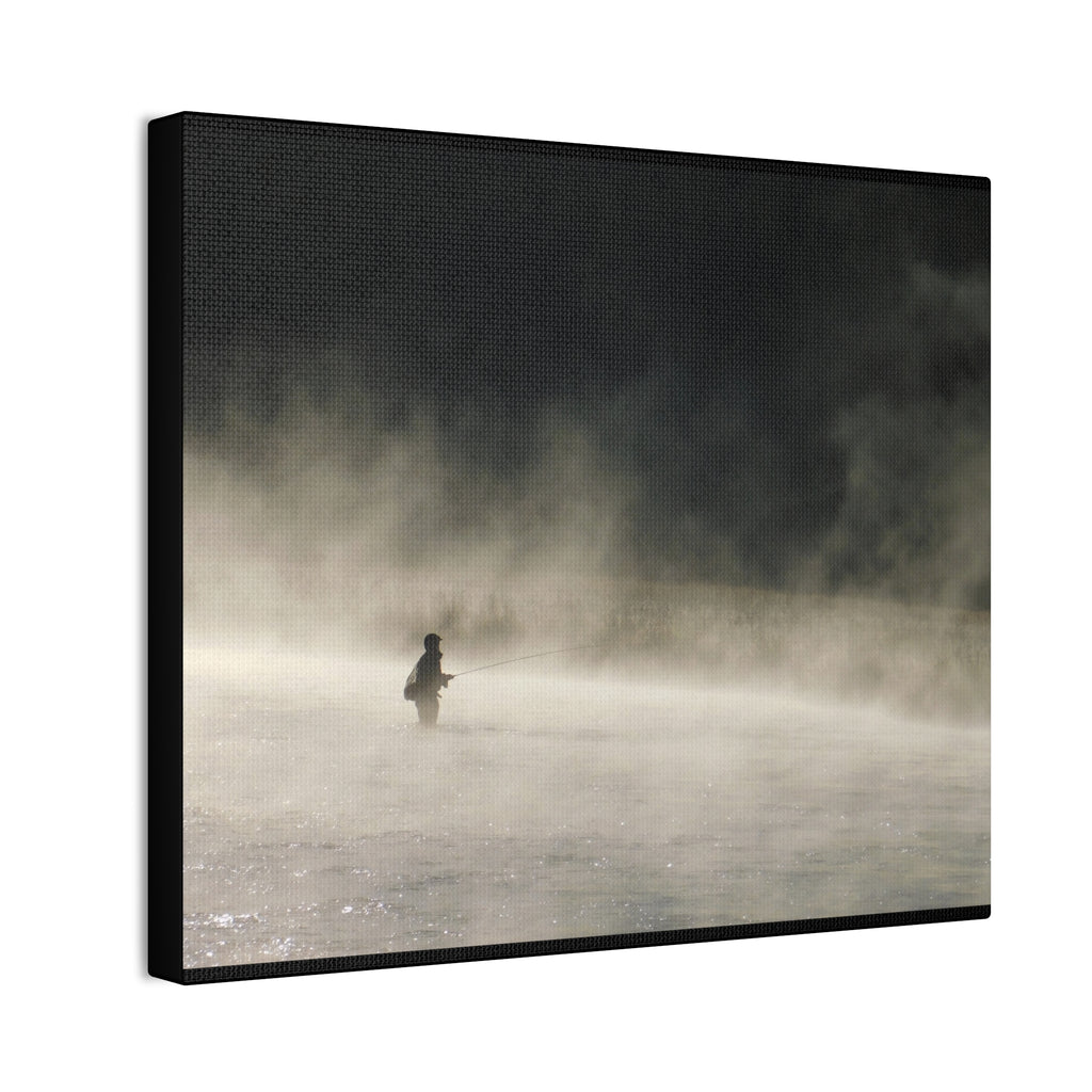 Misty Solitude Canvas Print — Lone Fisherman Foggy Lake Wall Art