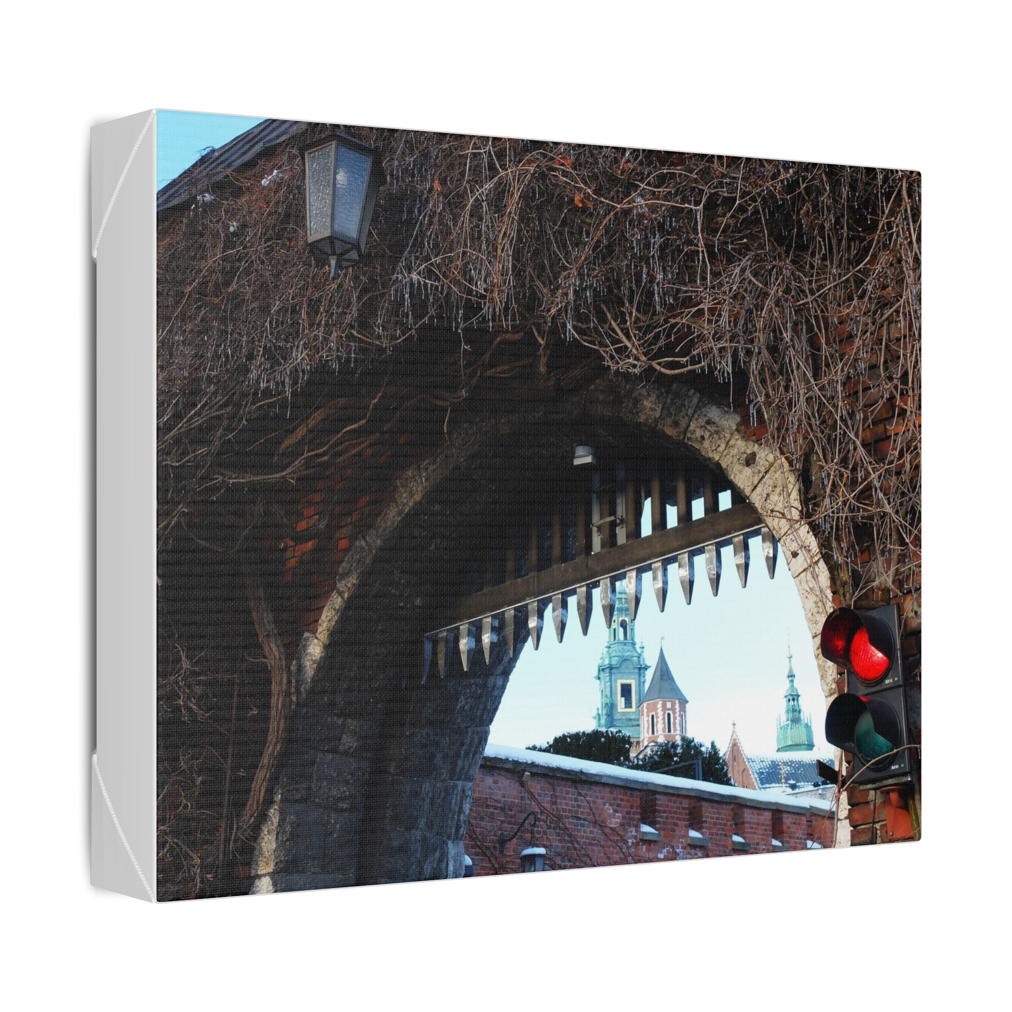 Historic City Arch Canvas Print — European Winter Street Scene Wall Art