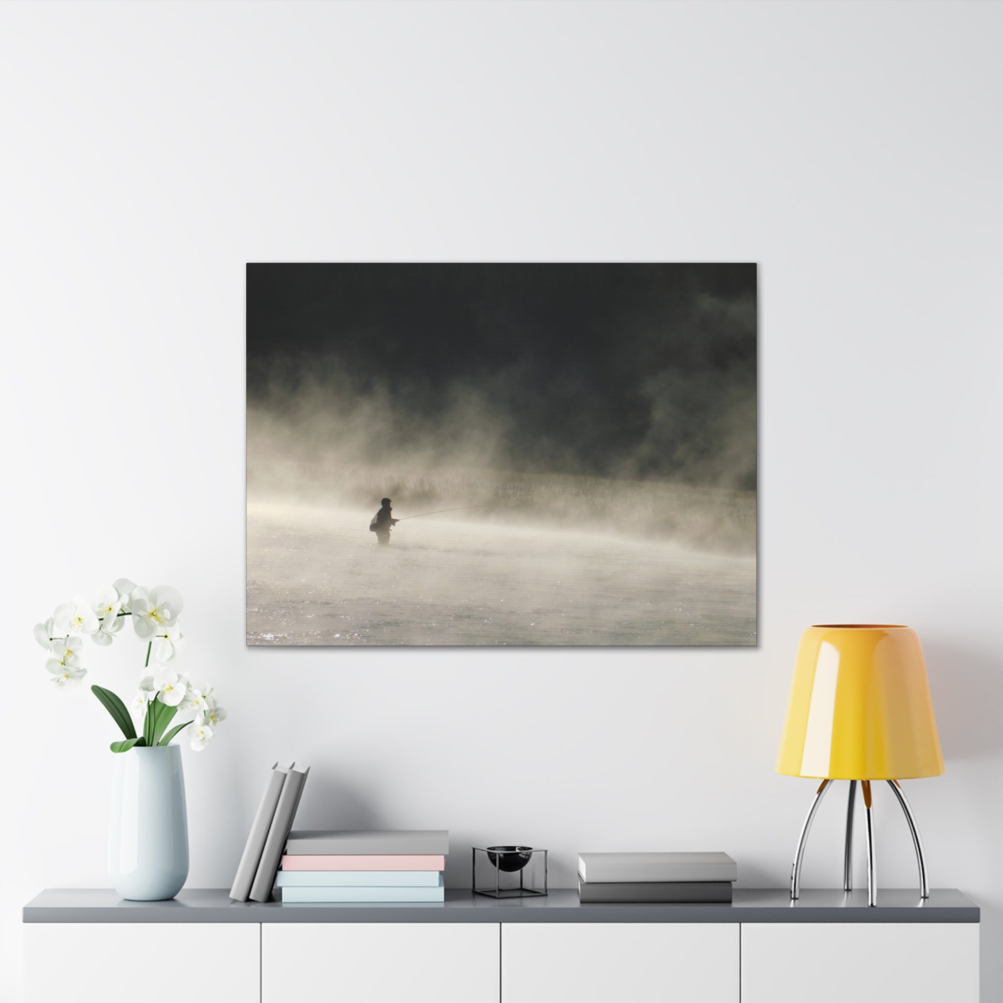 Misty Solitude Canvas Print — Lone Fisherman Foggy Lake Wall Art