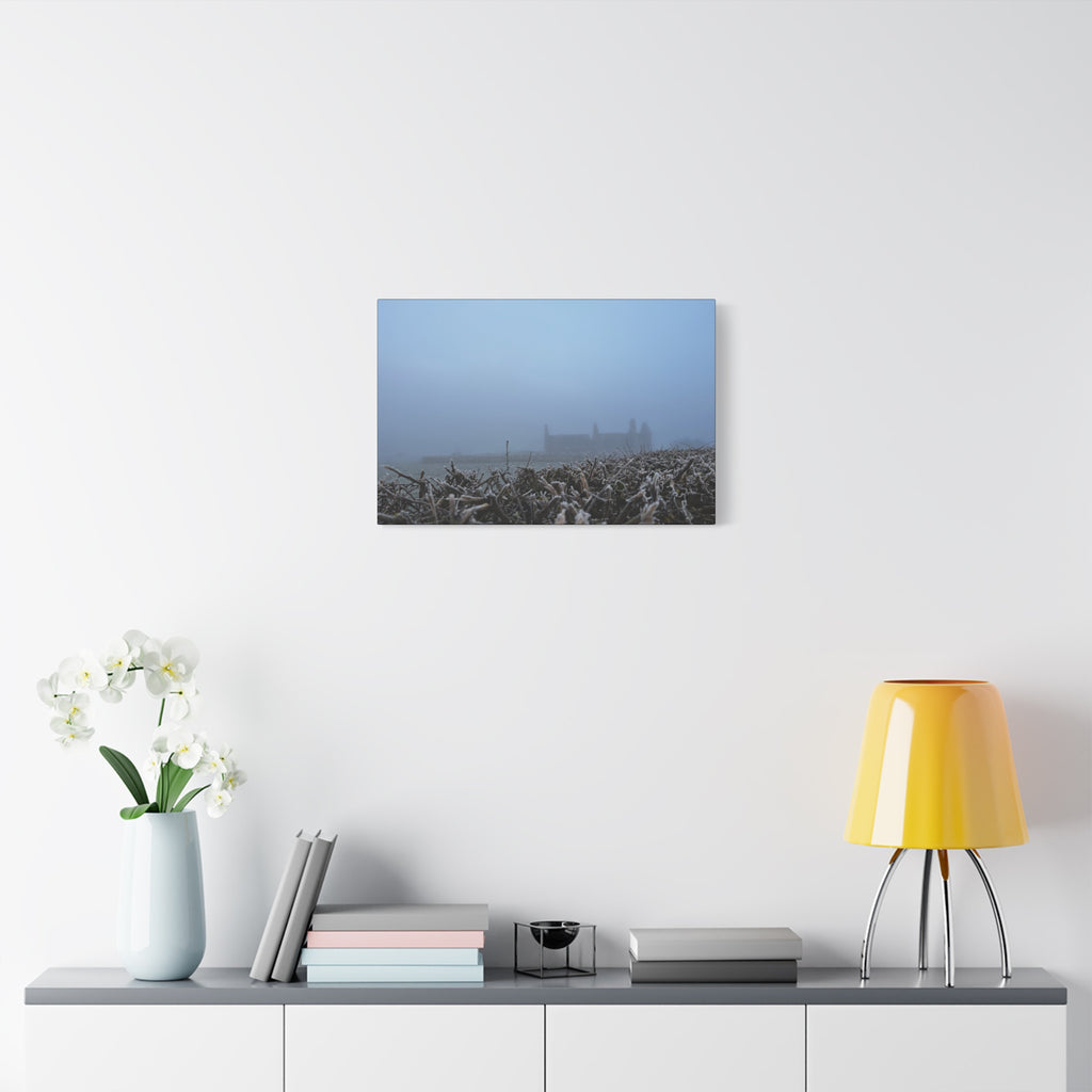 Frosty Morning Ruins Canvas Print — Misty Landscape Matte Stretched Wall Art
