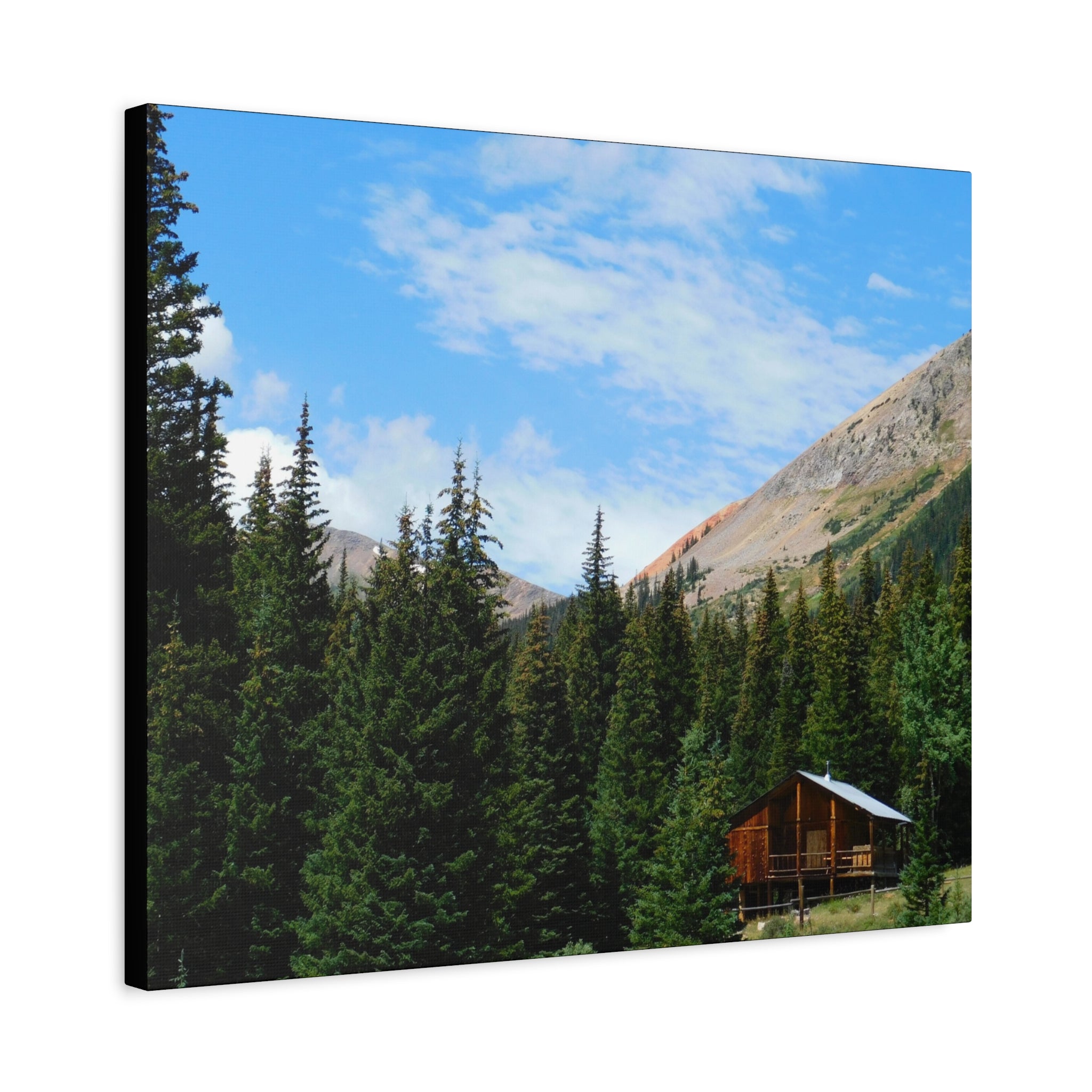 Mountain Cabin Canvas Wall Art — Rustic Forest Lodge Landscape Print