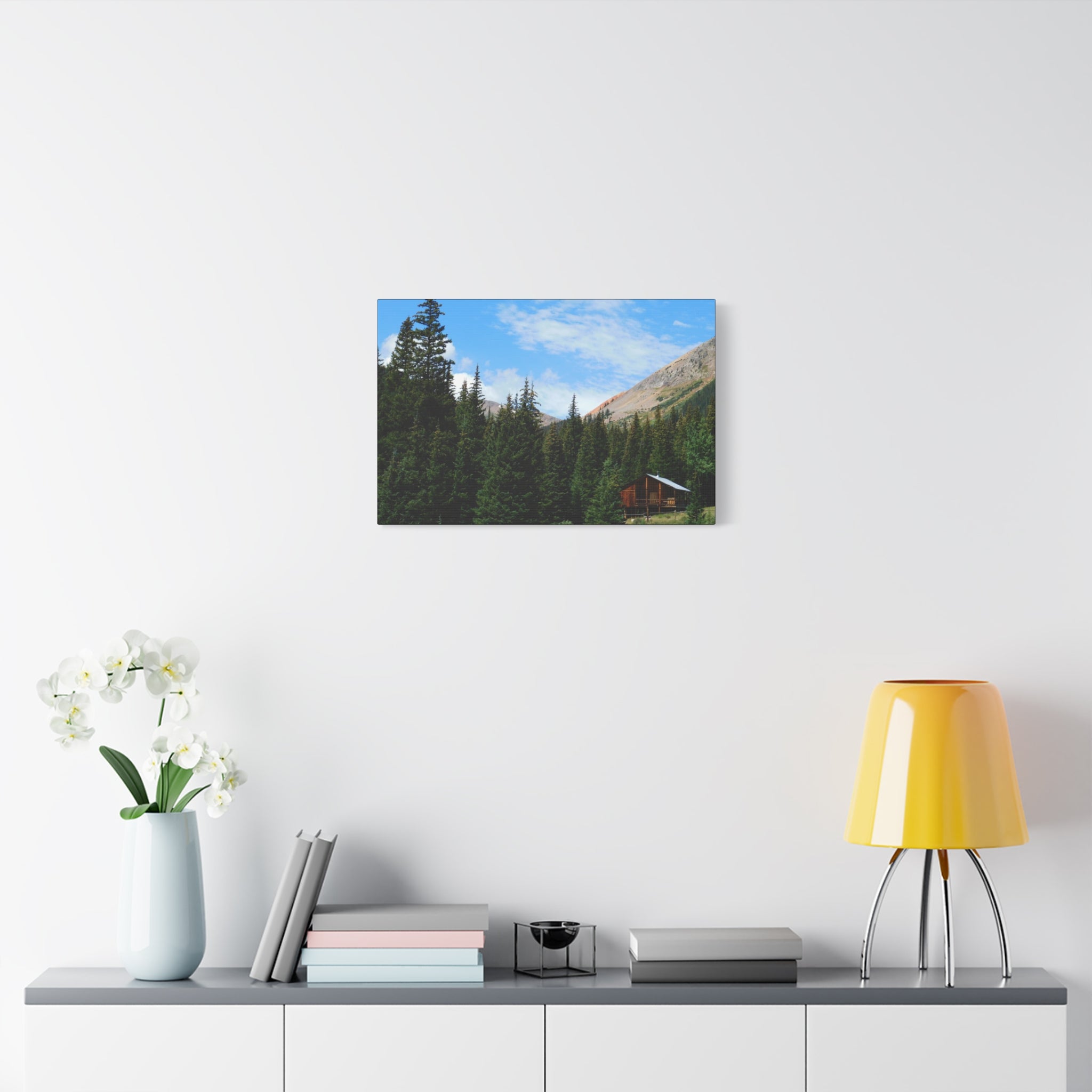 Mountain Cabin Canvas Wall Art — Rustic Forest Lodge Landscape Print