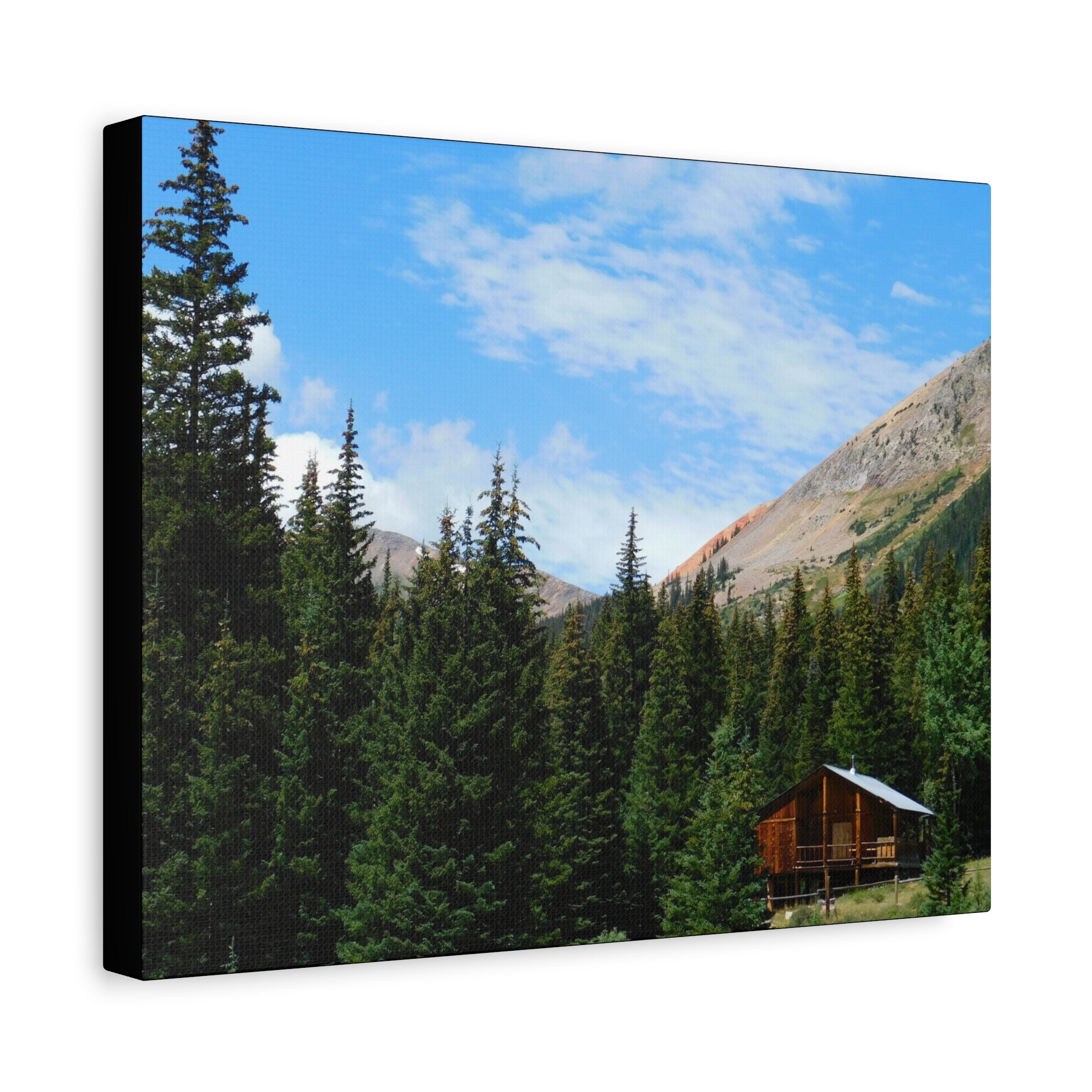 Mountain Cabin Canvas Wall Art — Rustic Forest Lodge Landscape Print