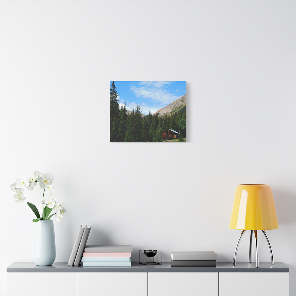 Mountain Cabin Canvas Wall Art — Rustic Forest Lodge Landscape Print