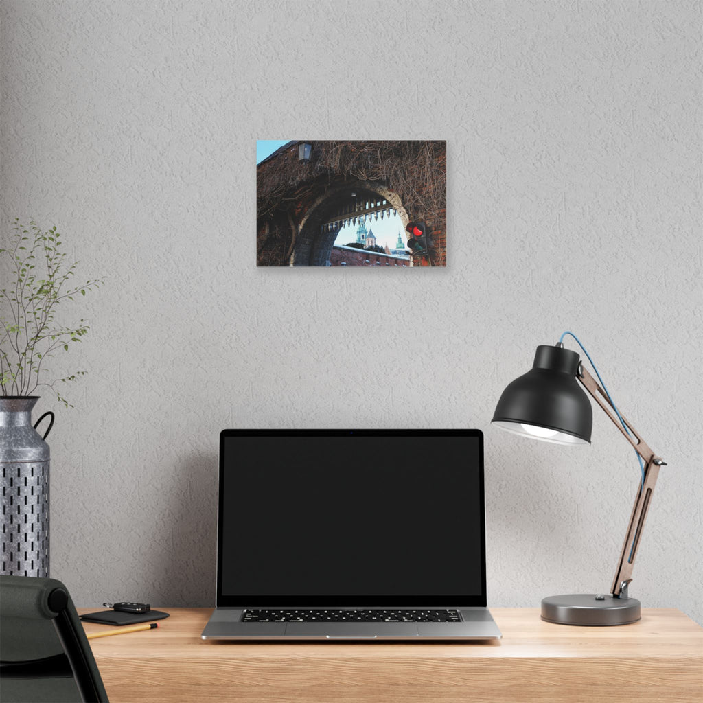 Historic City Arch Canvas Print — European Winter Street Scene Wall Art