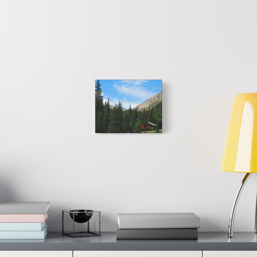 Mountain Cabin Canvas Wall Art — Rustic Forest Lodge Landscape Print