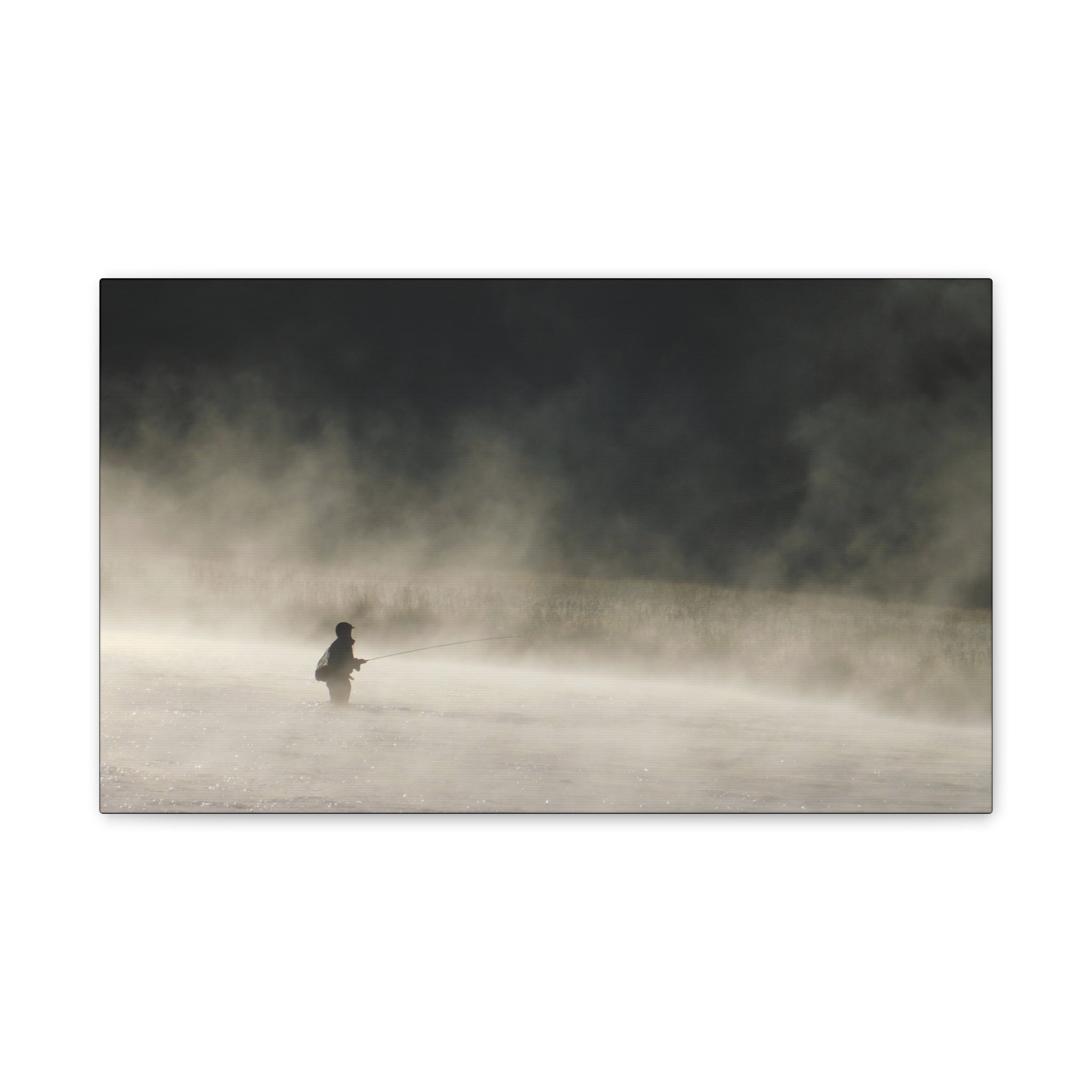 Misty Solitude Canvas Print — Lone Fisherman Foggy Lake Wall Art