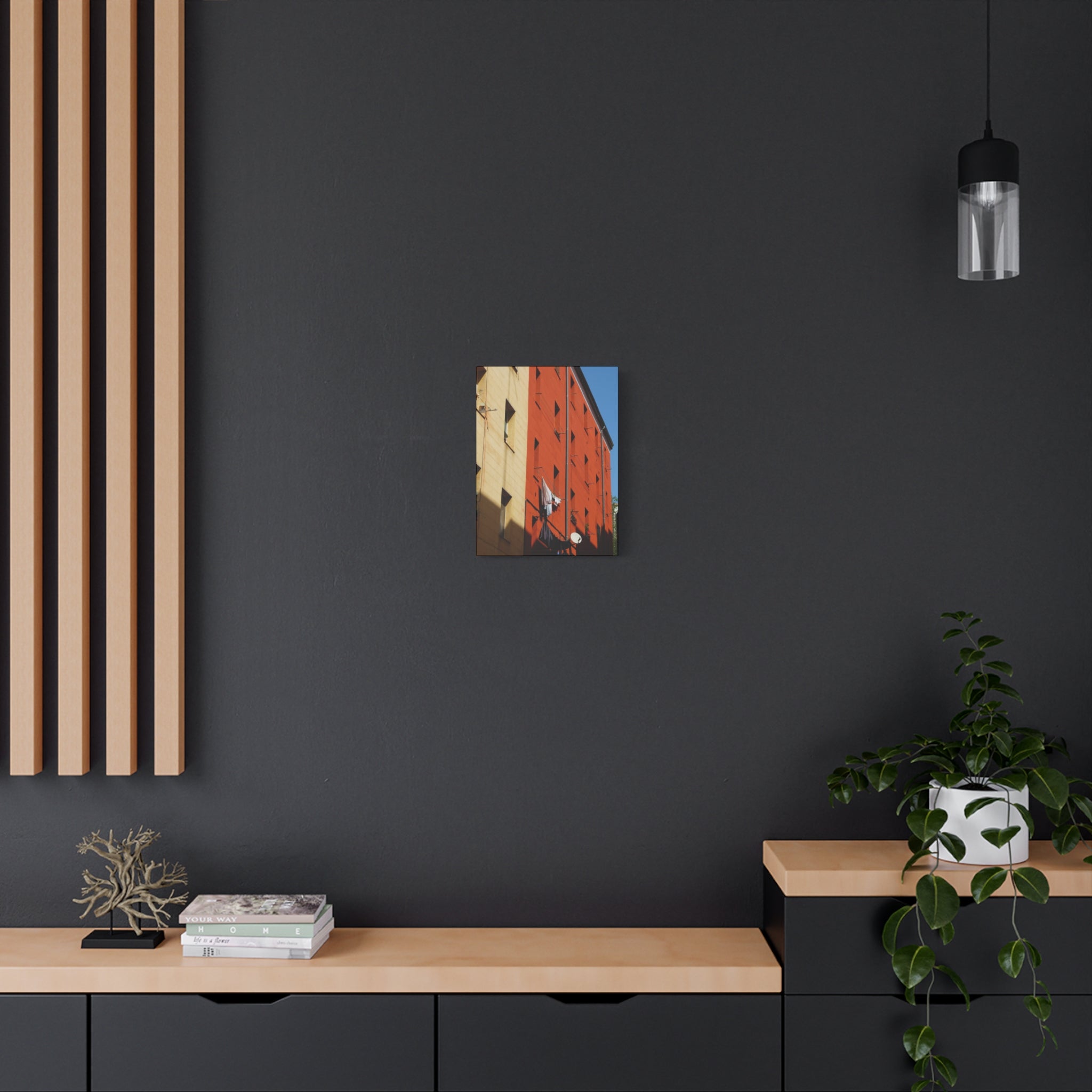 Spanish Facade Canvas Print — Colorful Apartment Building Wall Art on Matte Stretched Canvas