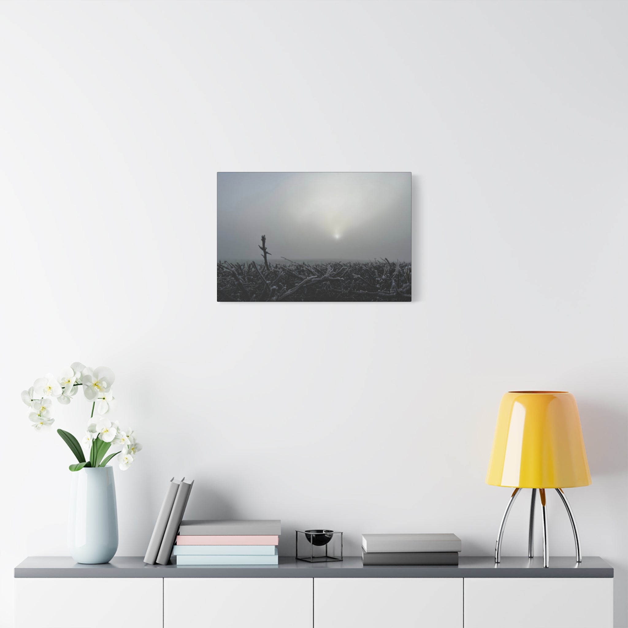 Foggy Sunrise Matte Canvas Wall Art – Moody Winter Landscape