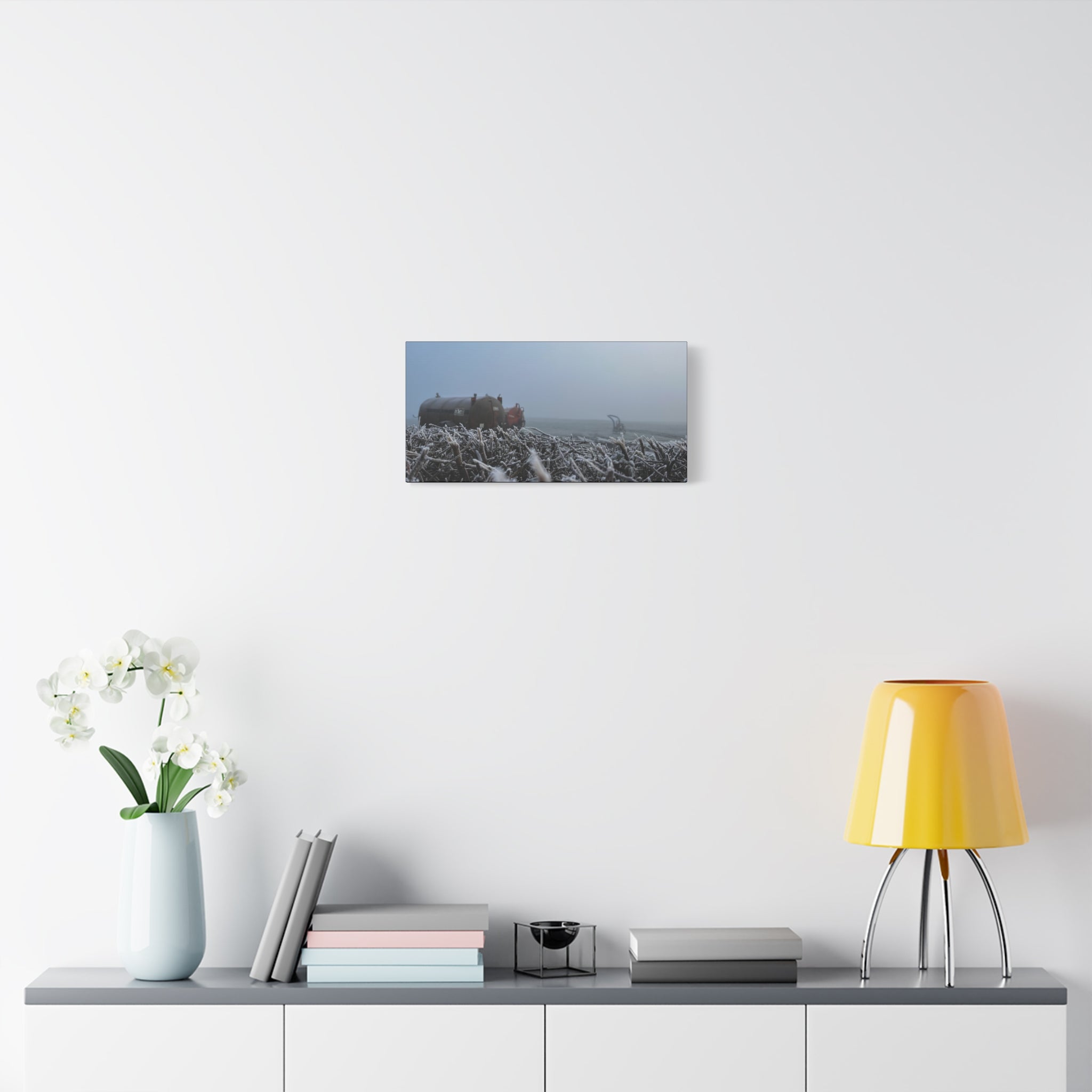 Irish Frost Farm Canvas Print — Foggy Shoreline with Frosted Driftwood