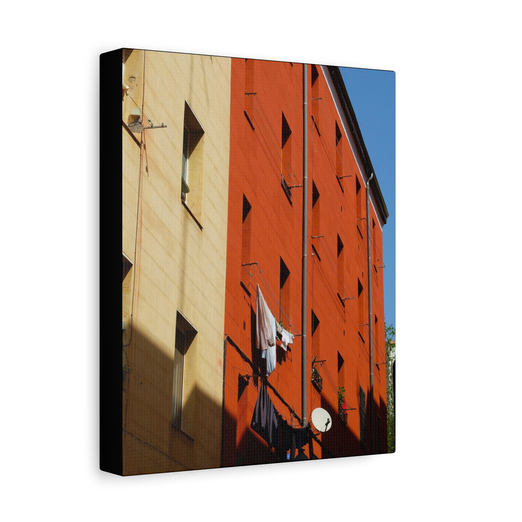 Spanish Facade Canvas Print — Colorful Apartment Building Wall Art on Matte Stretched Canvas