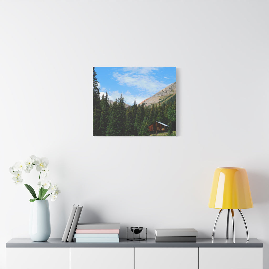 Mountain Cabin Canvas Wall Art — Rustic Forest Lodge Landscape Print