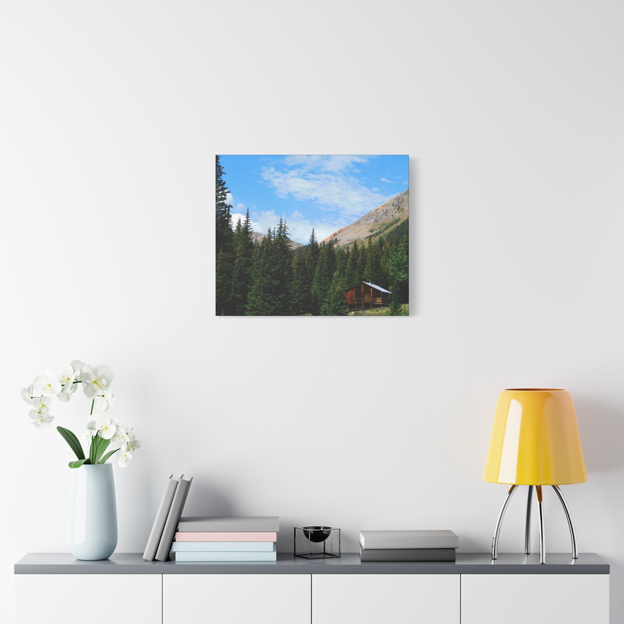 Mountain Cabin Canvas Wall Art — Rustic Forest Lodge Landscape Print