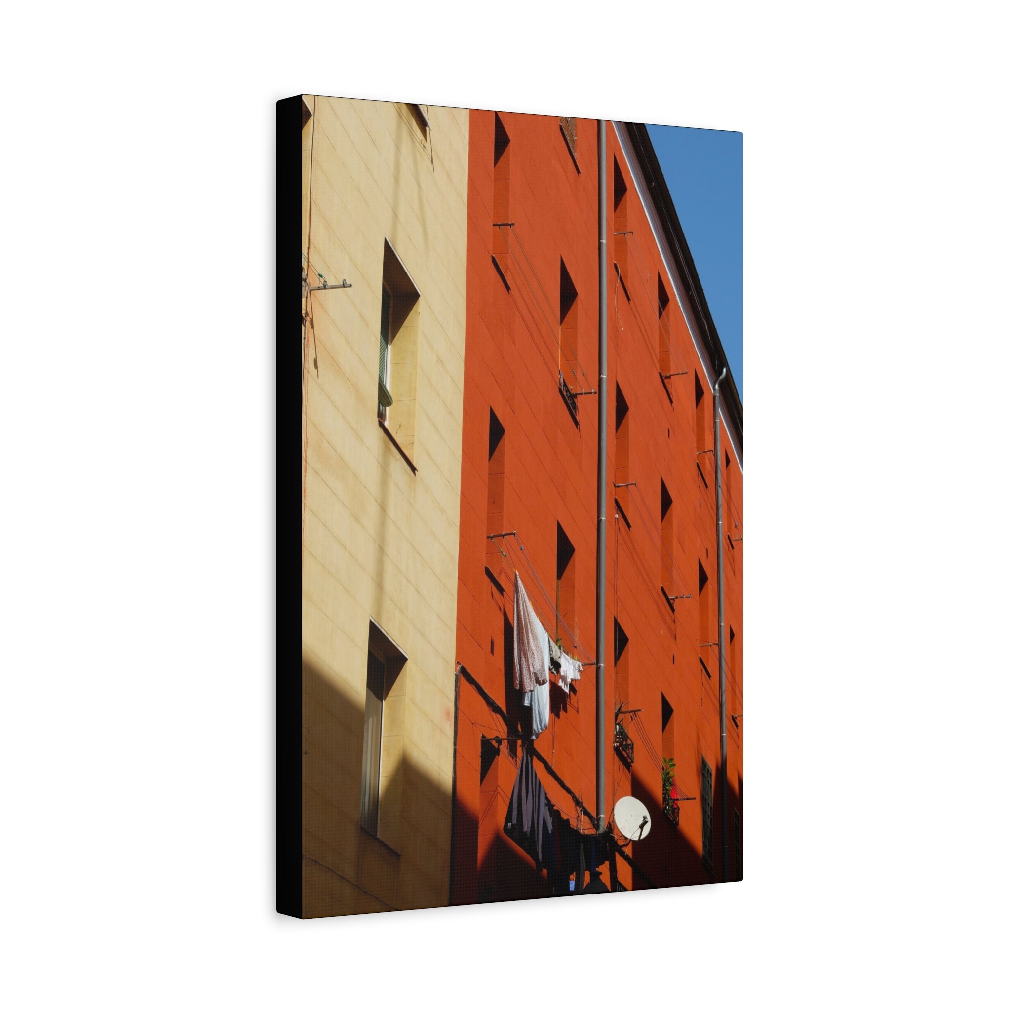 Spanish Facade Canvas Print — Colorful Apartment Building Wall Art on Matte Stretched Canvas