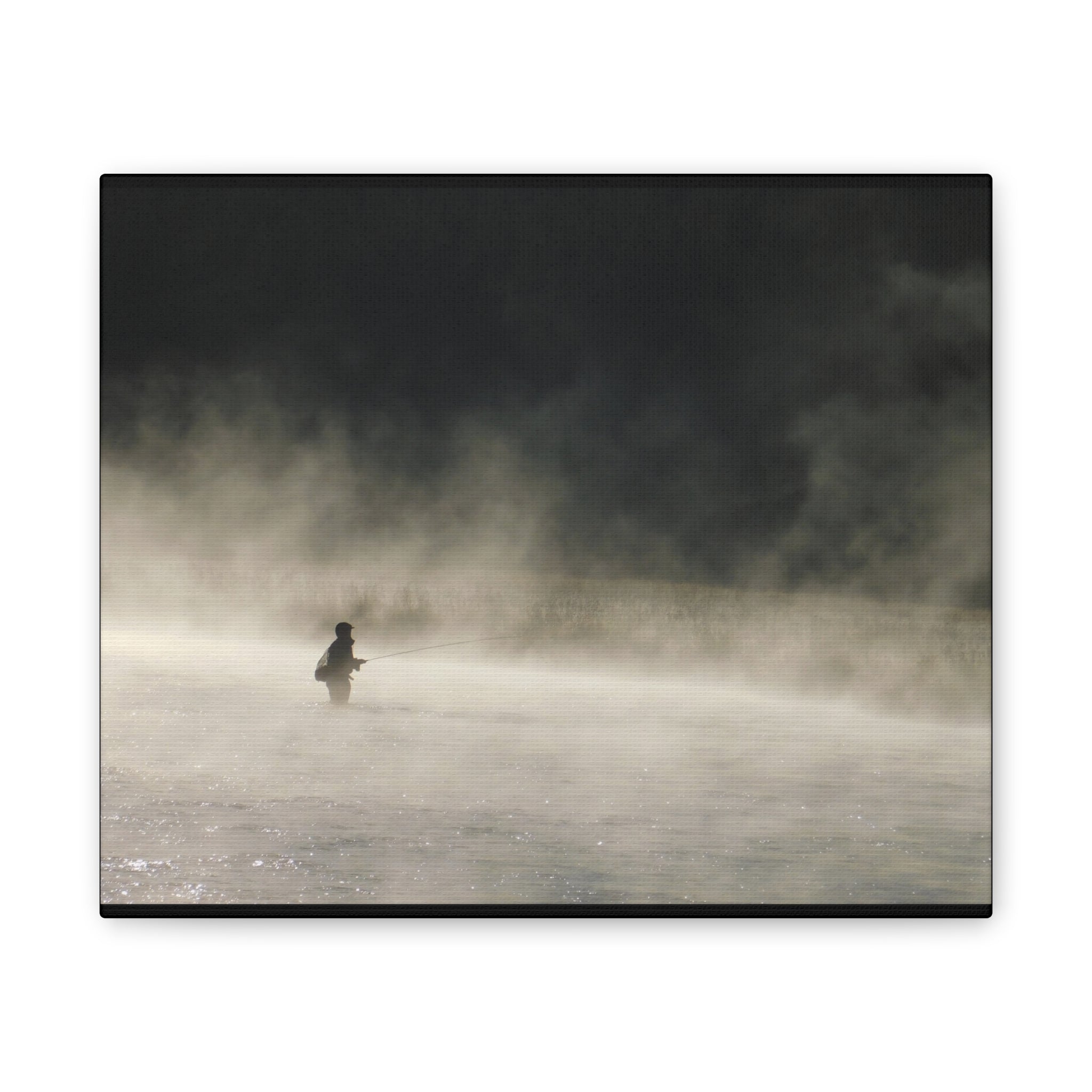 Misty Solitude Canvas Print — Lone Fisherman Foggy Lake Wall Art