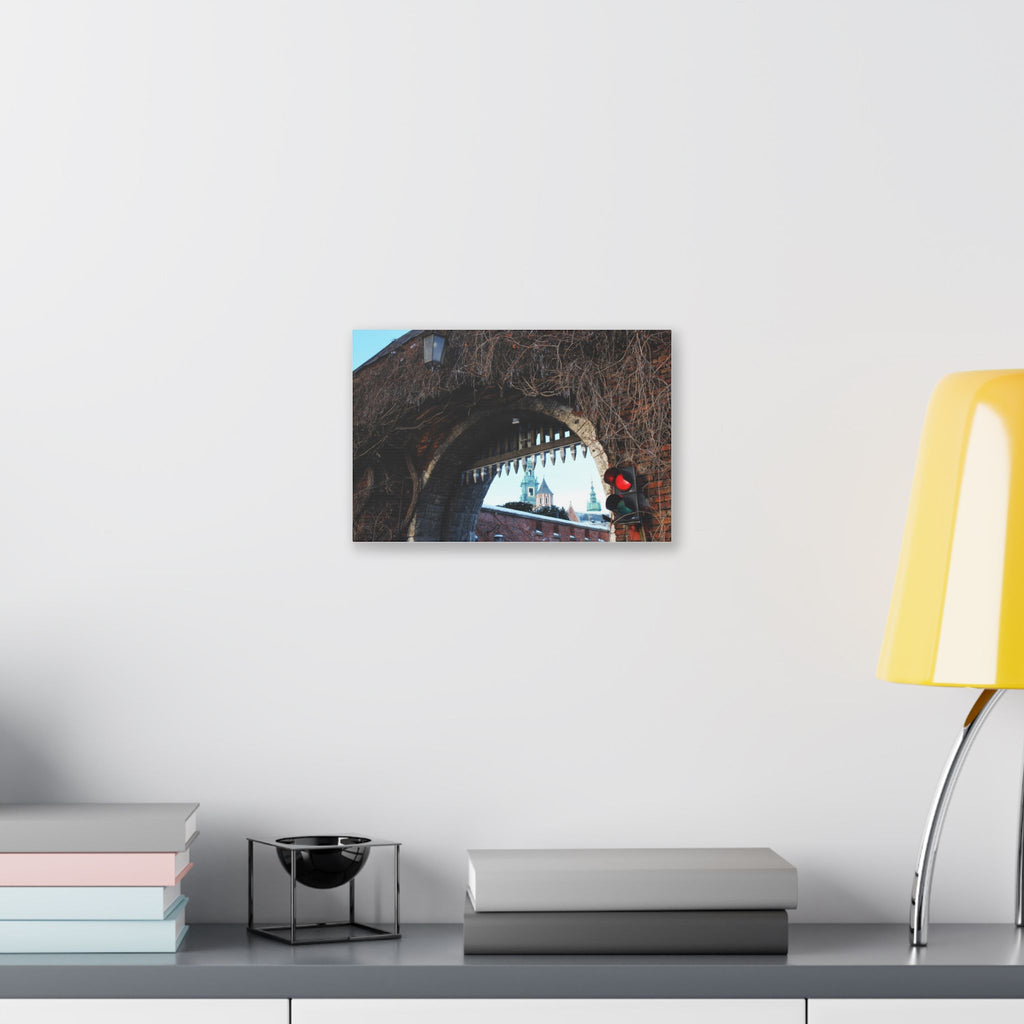 Historic City Arch Canvas Print — European Winter Street Scene Wall Art