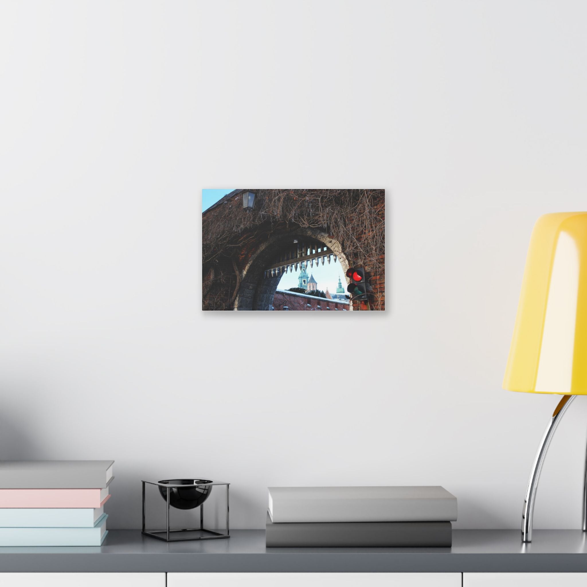 Historic City Arch Canvas Print — European Winter Street Scene Wall Art