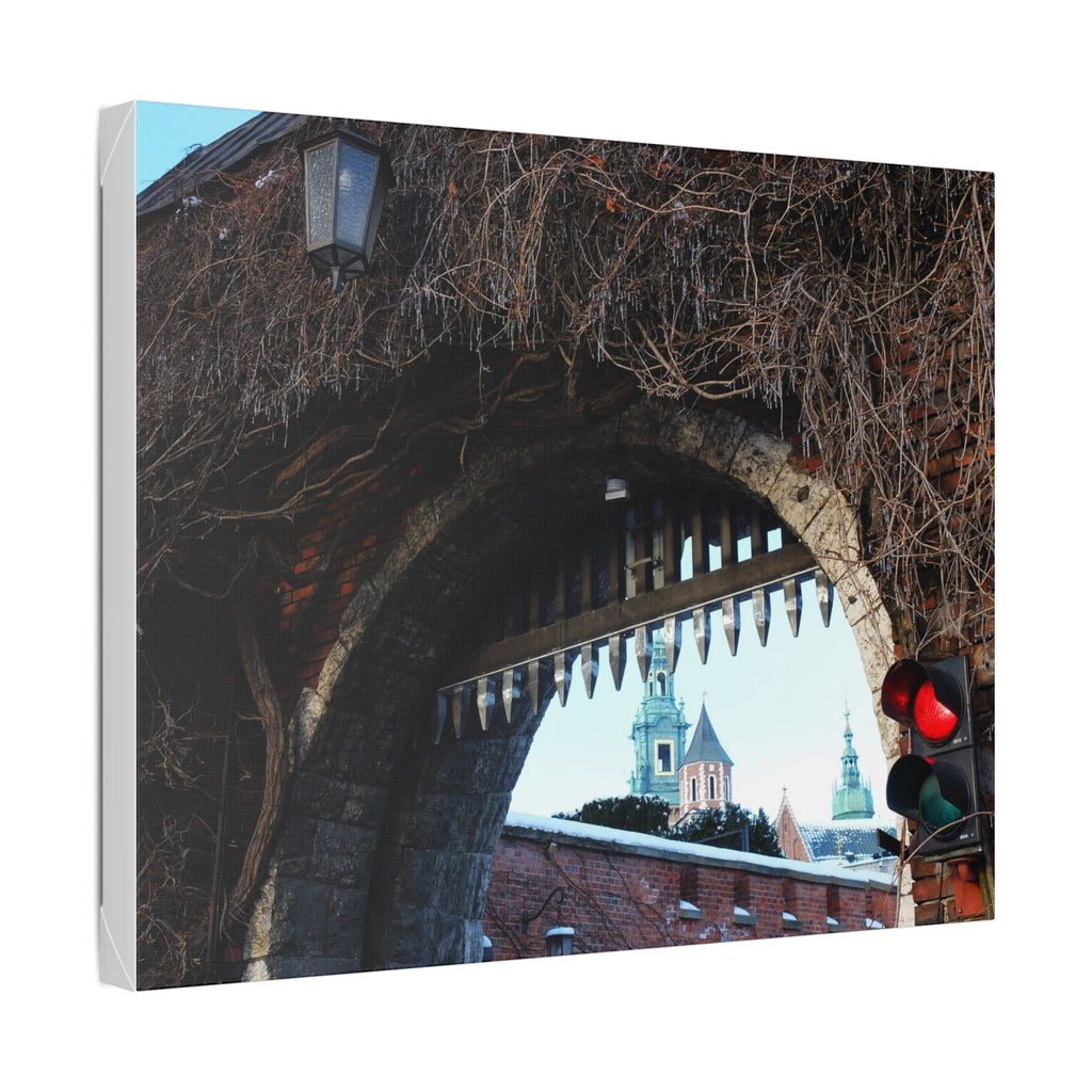 Historic City Arch Canvas Print — European Winter Street Scene Wall Art