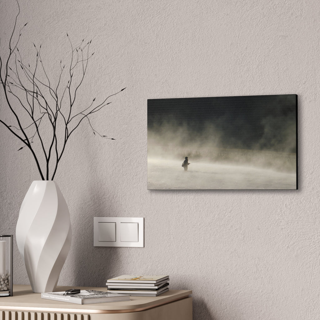 Misty Solitude Canvas Print — Lone Fisherman Foggy Lake Wall Art