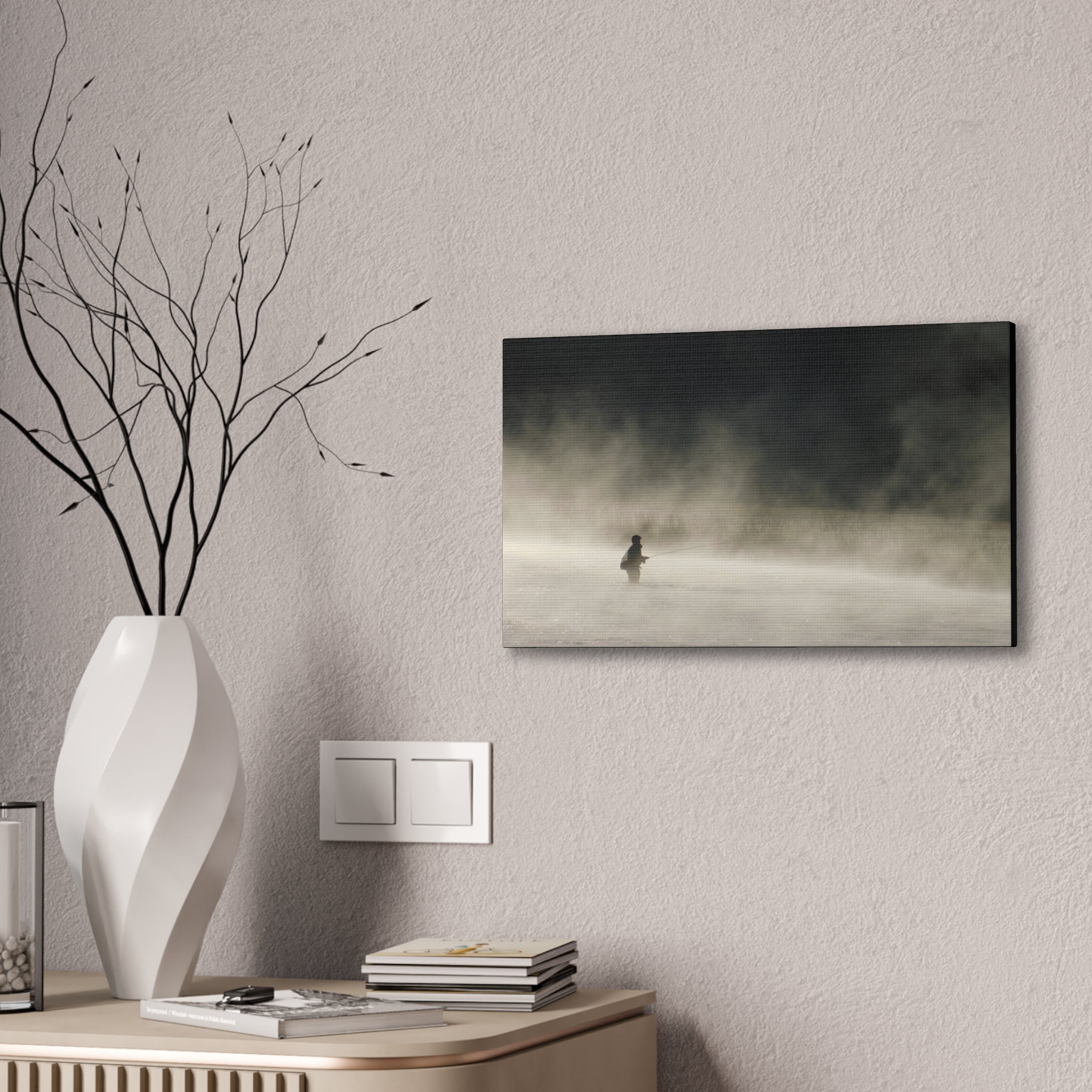Misty Solitude Canvas Print — Lone Fisherman Foggy Lake Wall Art