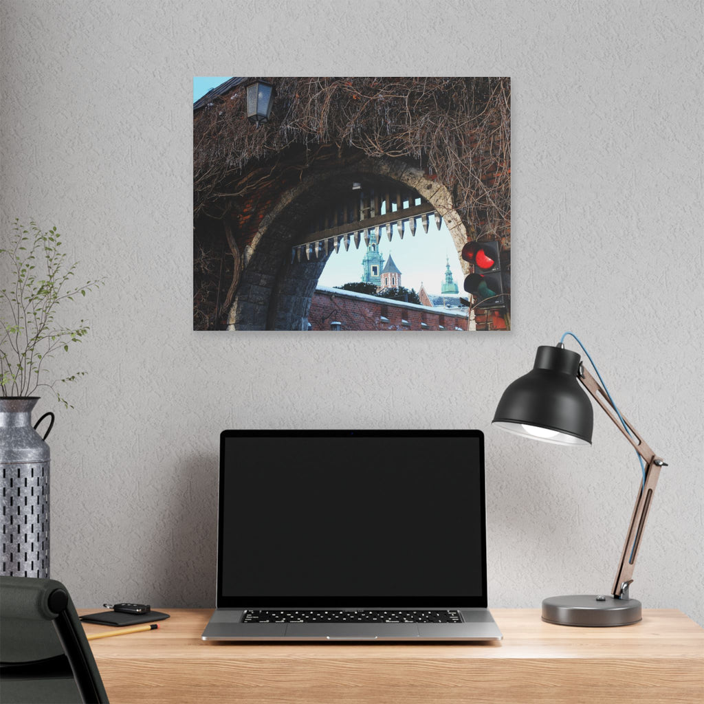 Historic City Arch Canvas Print — European Winter Street Scene Wall Art